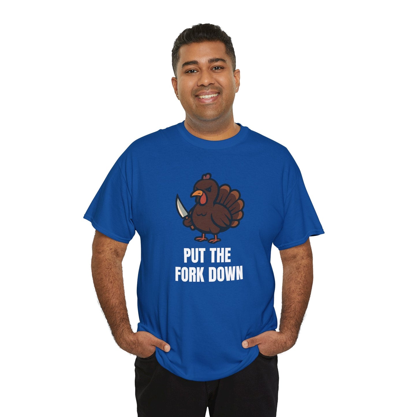 Funny Angry Turkey Shirt – “Put the Fork Down” Unisex Thanksgiving Graphic Tee, Friendsgiving Meme T-Shirt - Royal