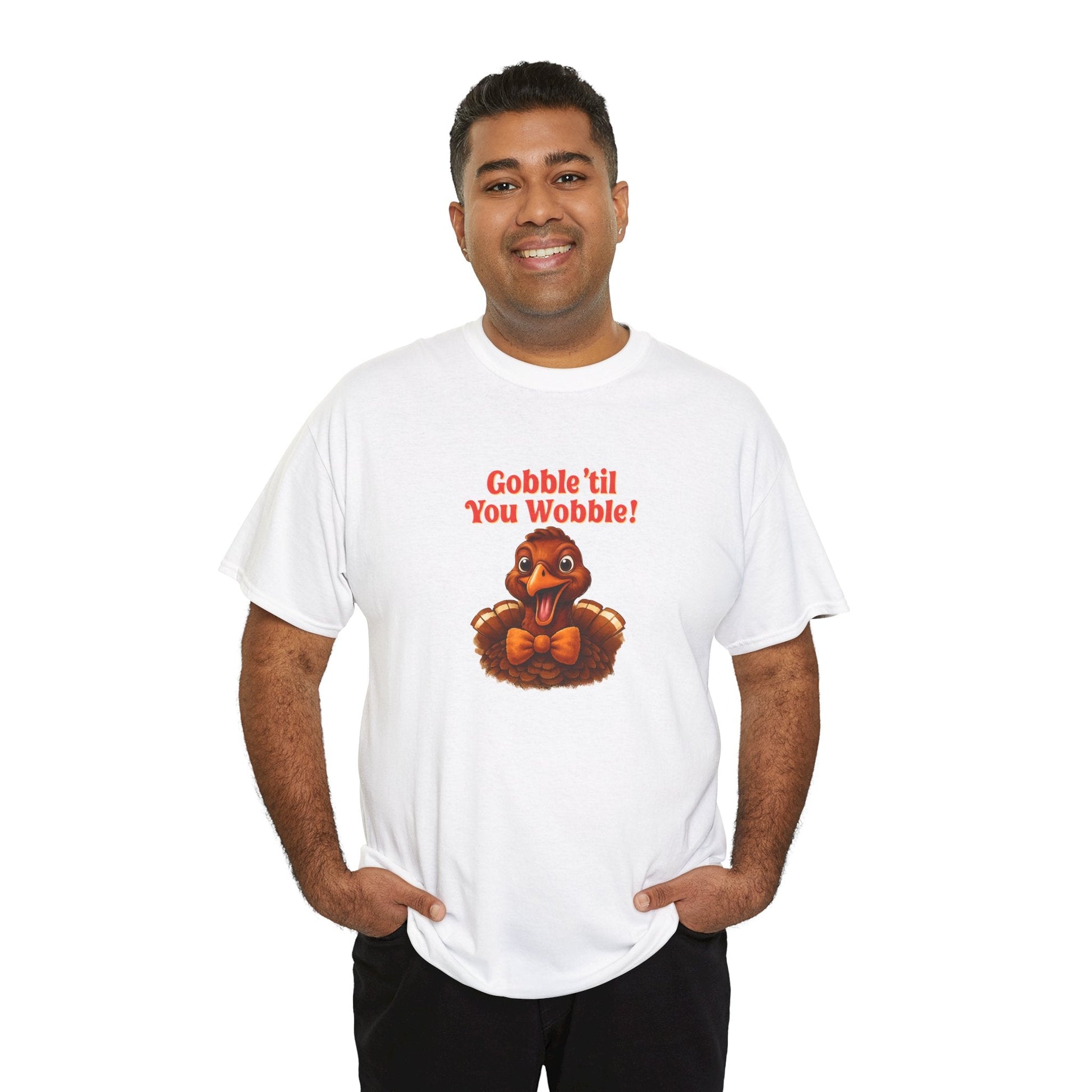Gobble ’Til You Wobble Shirt – Smiling Bow - Tie Turkey Thanksgiving Tee, Funny Friendsgiving Unisex T-Shirt - White