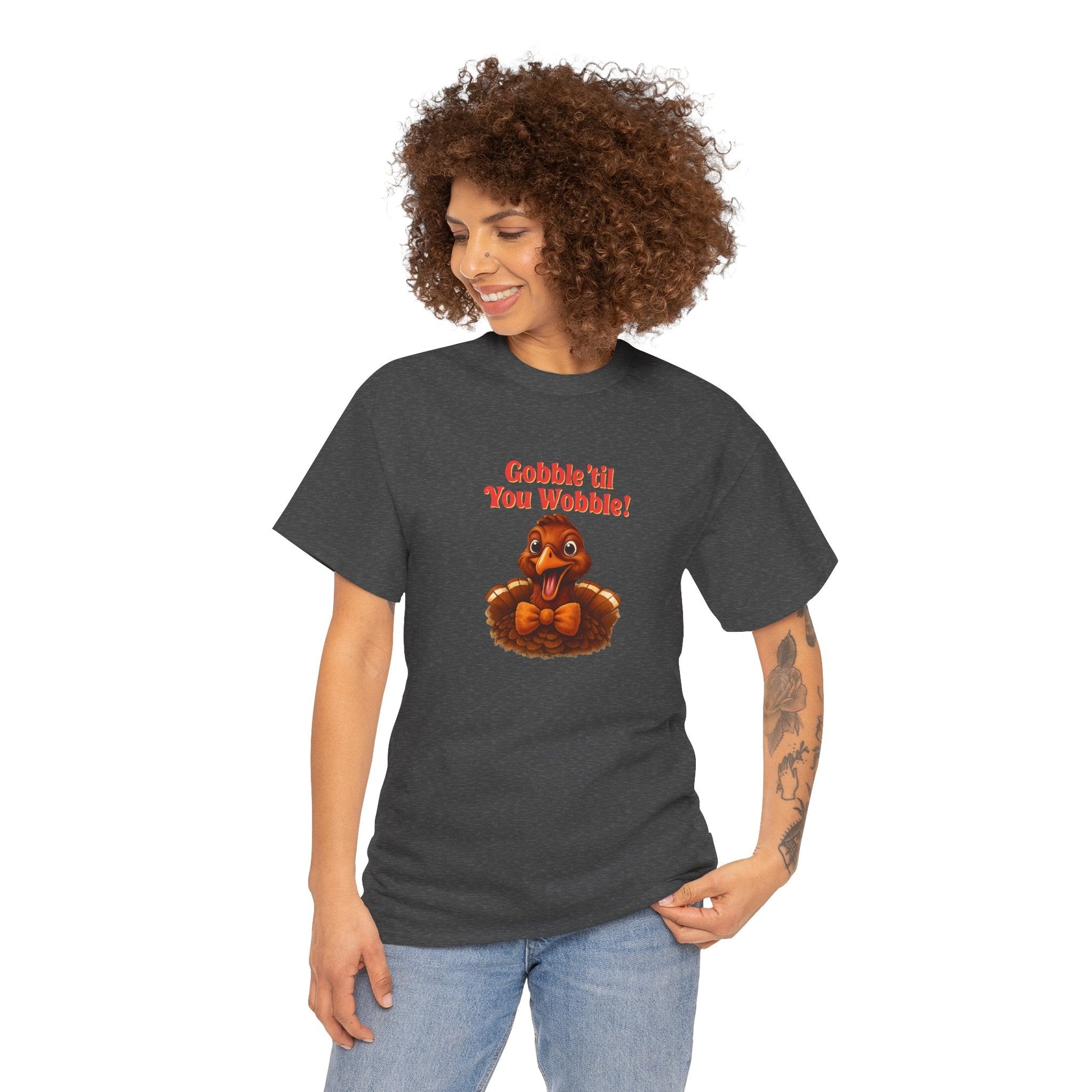 Gobble ’Til You Wobble Shirt – Smiling Bow - Tie Turkey Thanksgiving Tee, Funny Friendsgiving Unisex T-Shirt - Dark Heather