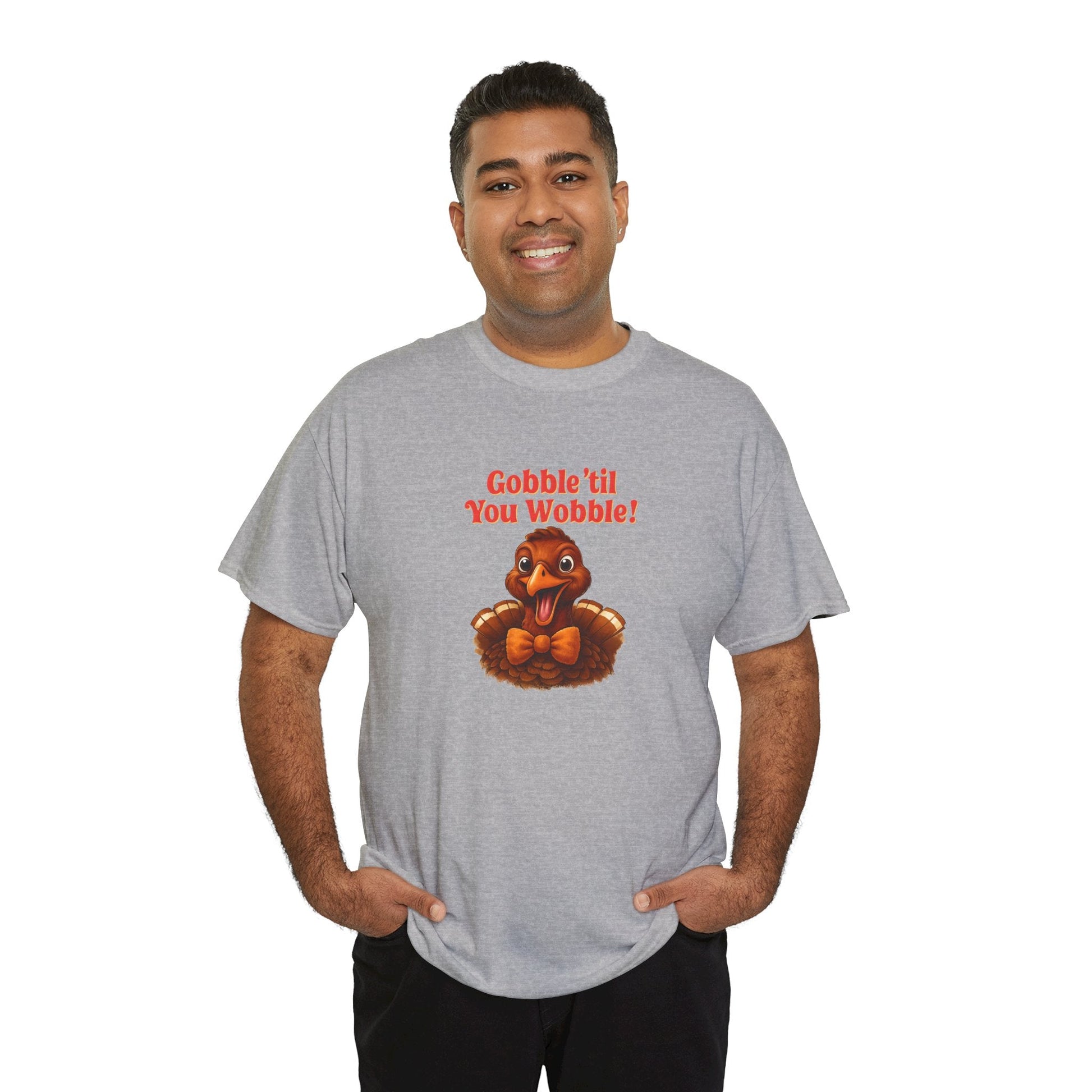 Gobble ’Til You Wobble Shirt – Smiling Bow - Tie Turkey Thanksgiving Tee, Funny Friendsgiving Unisex T-Shirt - Sport Grey