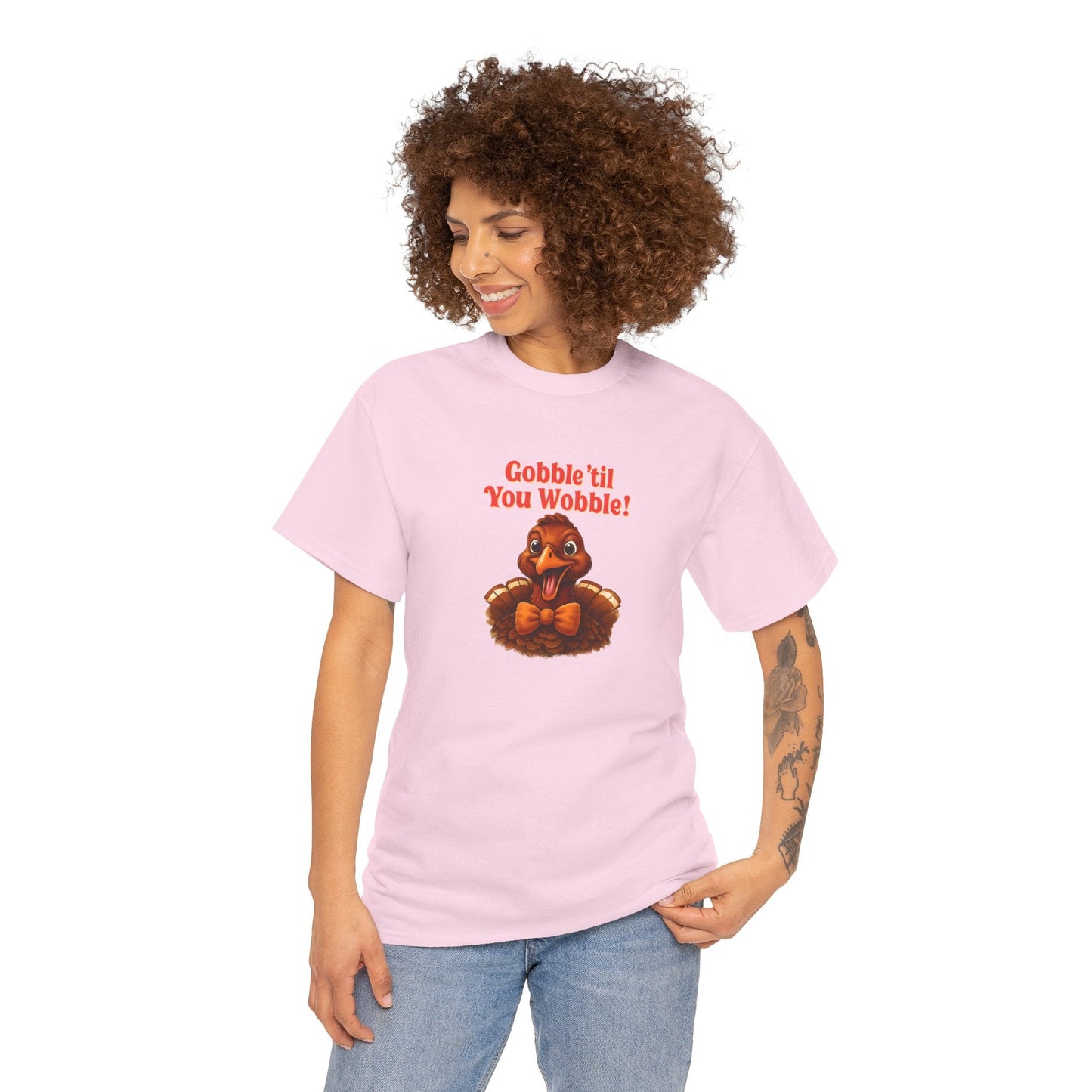 Gobble ’Til You Wobble Shirt – Smiling Bow - Tie Turkey Thanksgiving Tee, Funny Friendsgiving Unisex T-Shirt - Light Pink