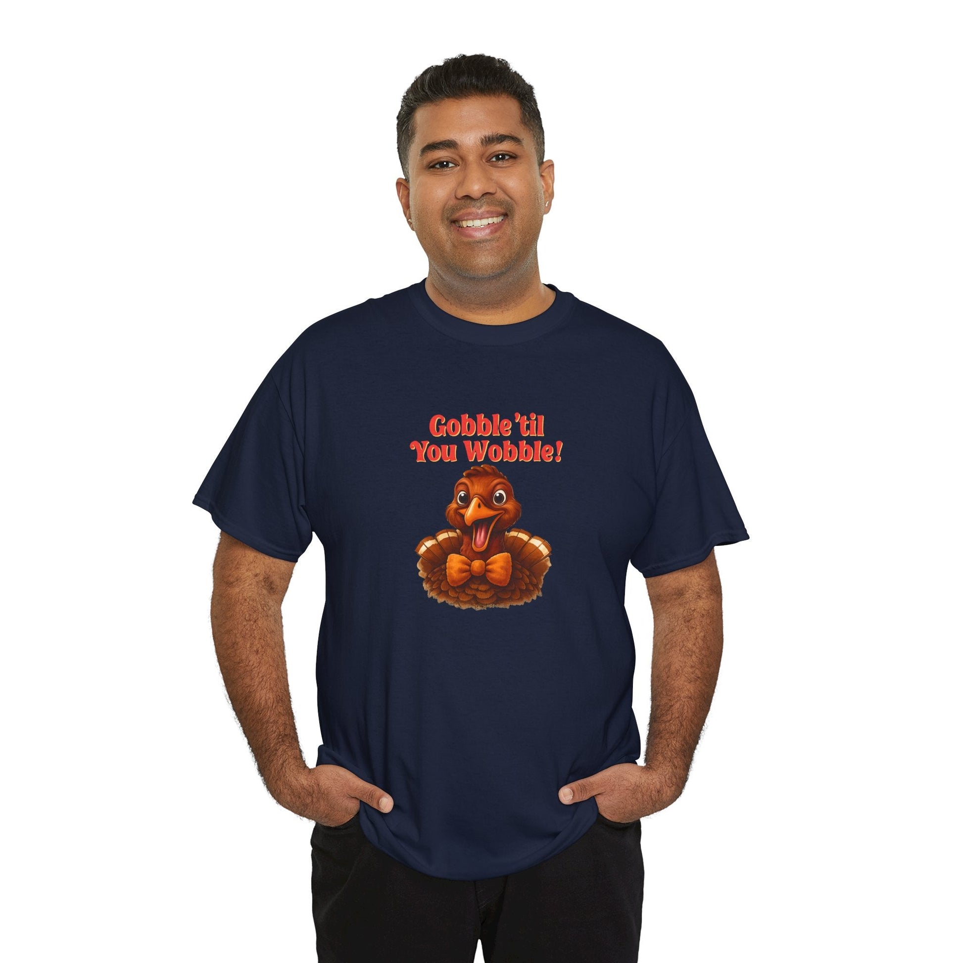 Gobble ’Til You Wobble Shirt – Smiling Bow - Tie Turkey Thanksgiving Tee, Funny Friendsgiving Unisex T-Shirt - Navy