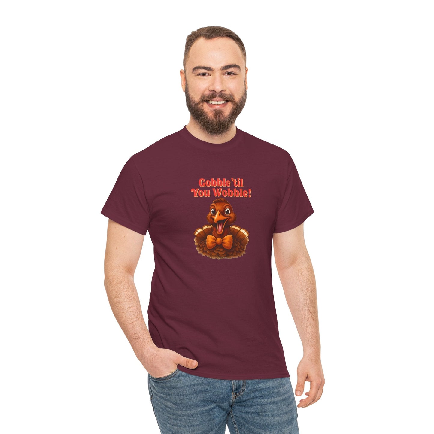 Gobble ’Til You Wobble Shirt – Smiling Bow - Tie Turkey Thanksgiving Tee, Funny Friendsgiving Unisex T-Shirt - Maroon