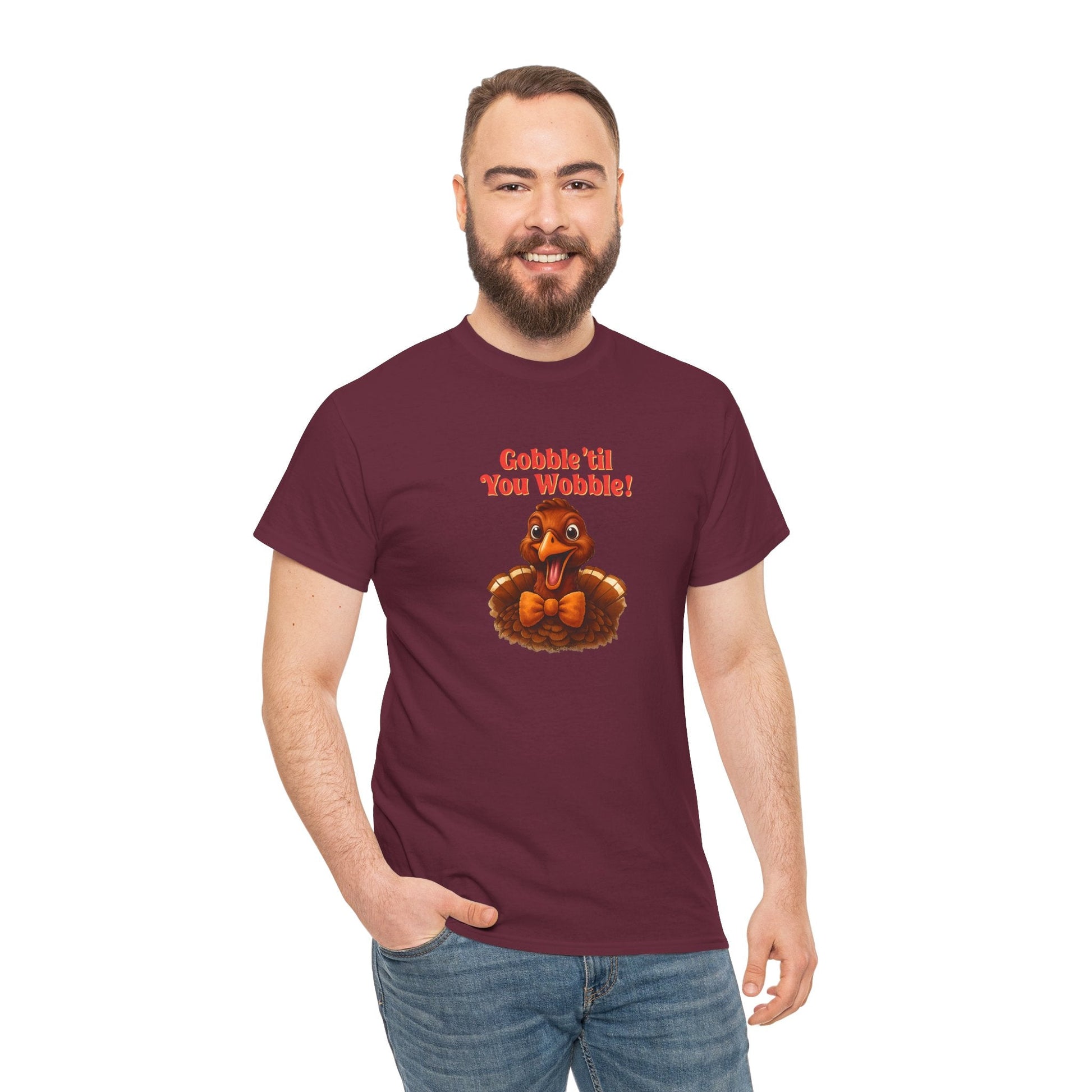 Gobble ’Til You Wobble Shirt – Smiling Bow - Tie Turkey Thanksgiving Tee, Funny Friendsgiving Unisex T-Shirt - Maroon