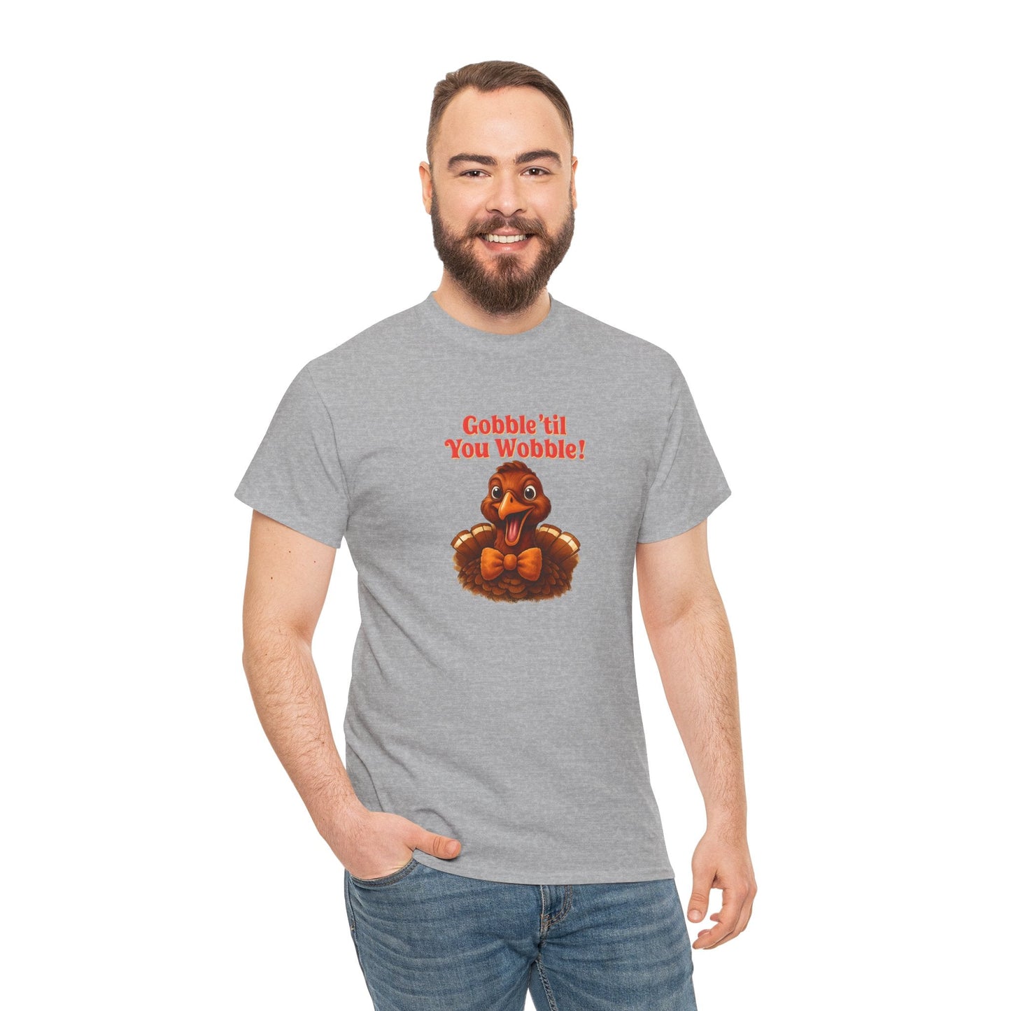 Gobble ’Til You Wobble Shirt – Smiling Bow - Tie Turkey Thanksgiving Tee, Funny Friendsgiving Unisex T-Shirt - Sport Grey