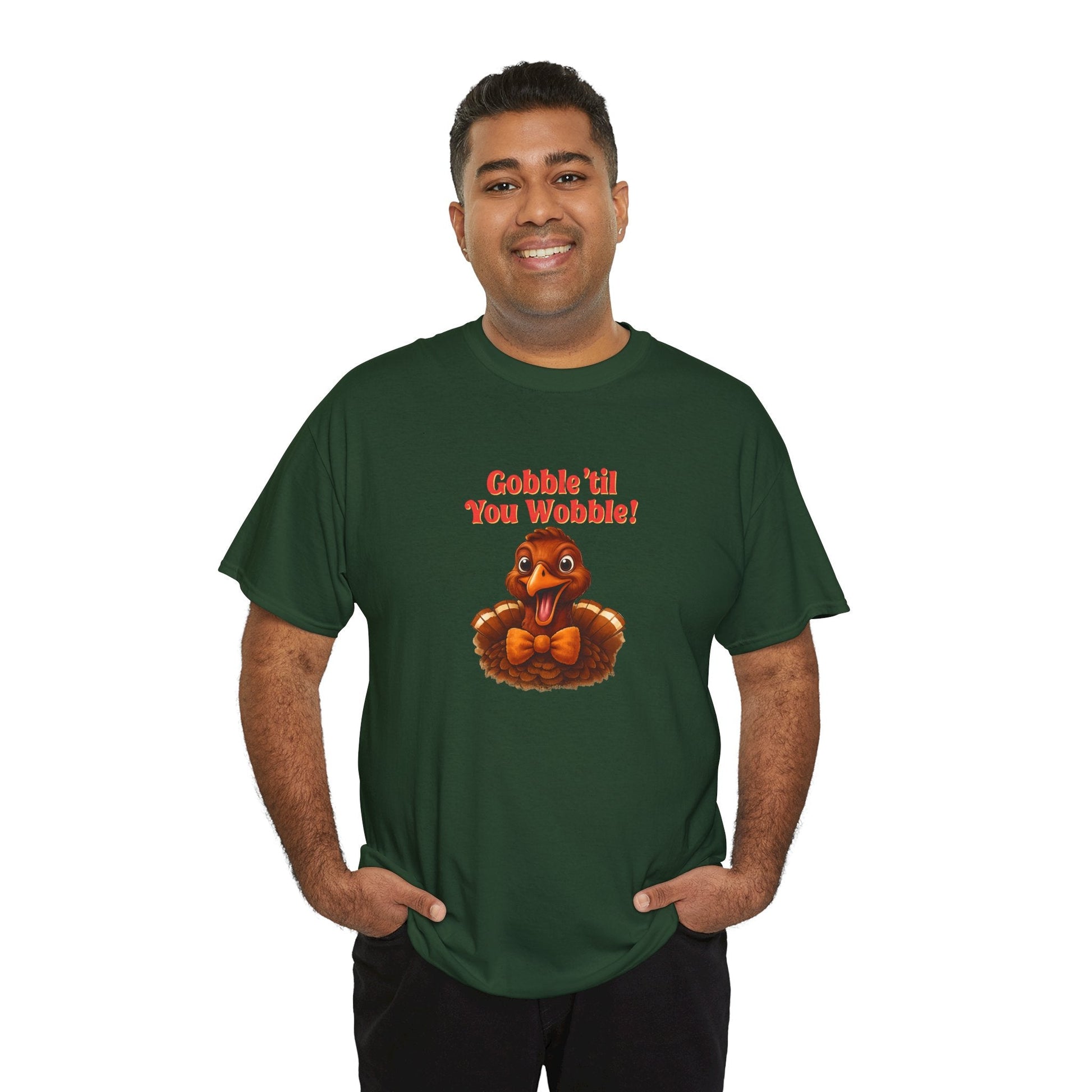 Gobble ’Til You Wobble Shirt – Smiling Bow - Tie Turkey Thanksgiving Tee, Funny Friendsgiving Unisex T-Shirt - Forest Green