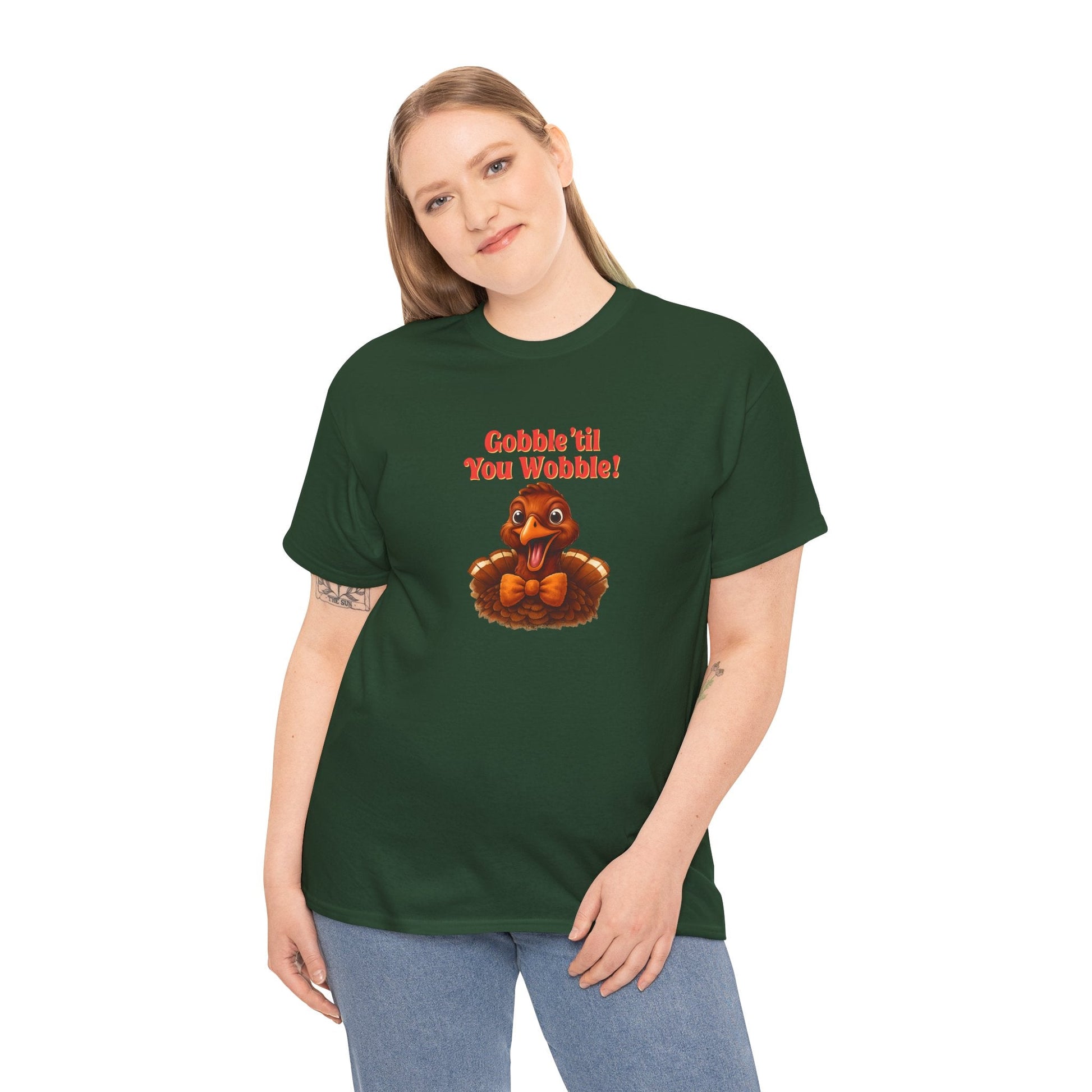 Gobble ’Til You Wobble Shirt – Smiling Bow - Tie Turkey Thanksgiving Tee, Funny Friendsgiving Unisex T-Shirt - Forest Green