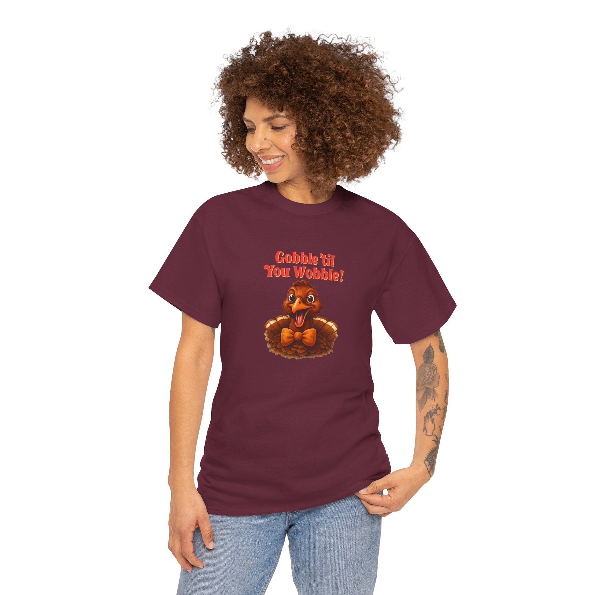 Gobble ’Til You Wobble Shirt – Smiling Bow - Tie Turkey Thanksgiving Tee, Funny Friendsgiving Unisex T-Shirt - Maroon