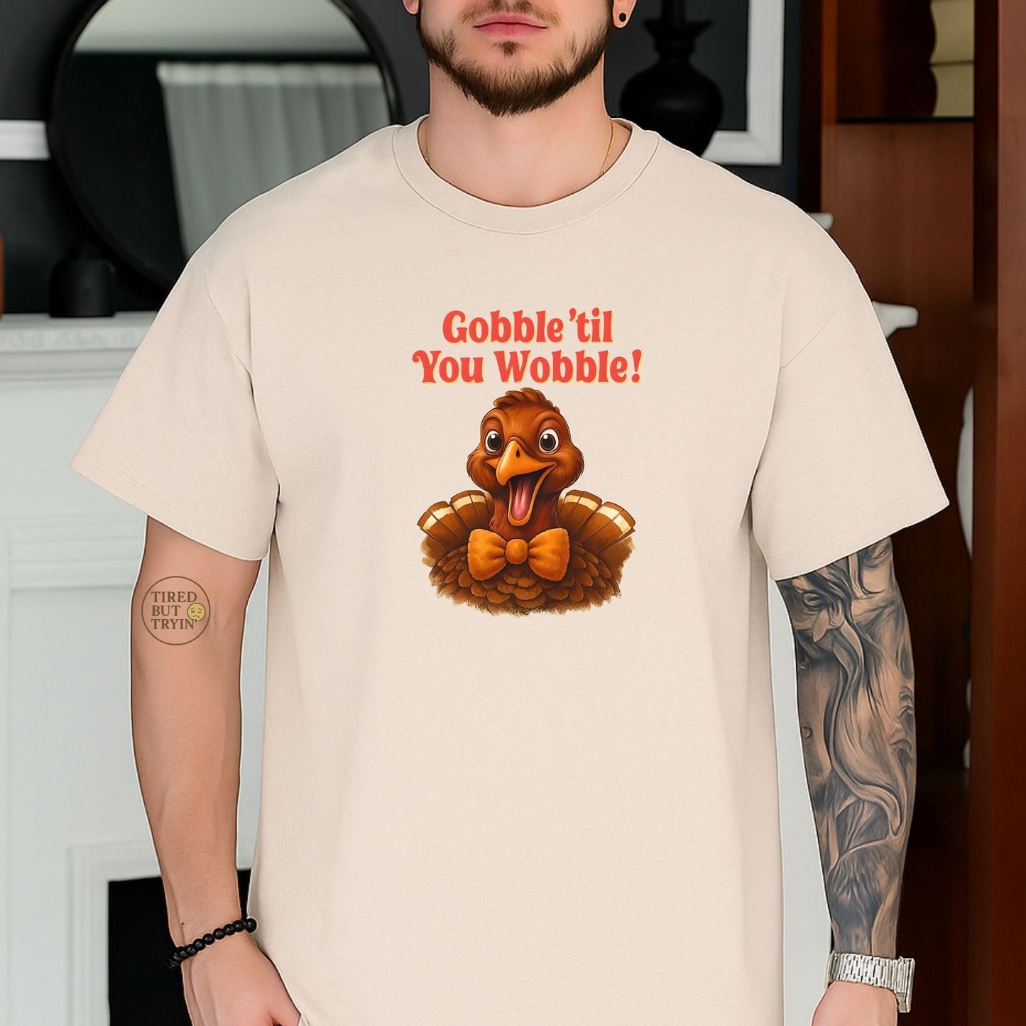 Gobble ’Til You Wobble Shirt – Smiling Bow - Tie Turkey Thanksgiving Tee, Funny Friendsgiving Unisex T-Shirt - Sand
