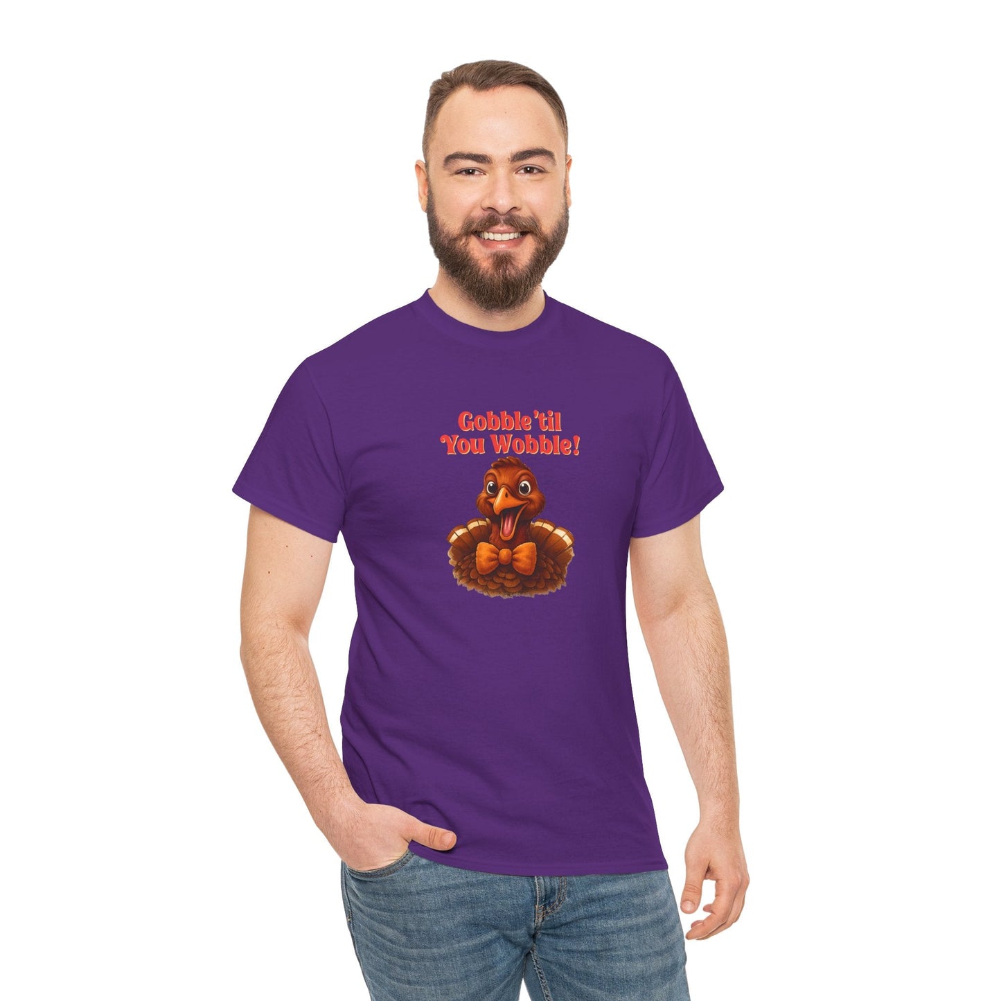 Gobble ’Til You Wobble Shirt – Smiling Bow - Tie Turkey Thanksgiving Tee, Funny Friendsgiving Unisex T-Shirt - Purple