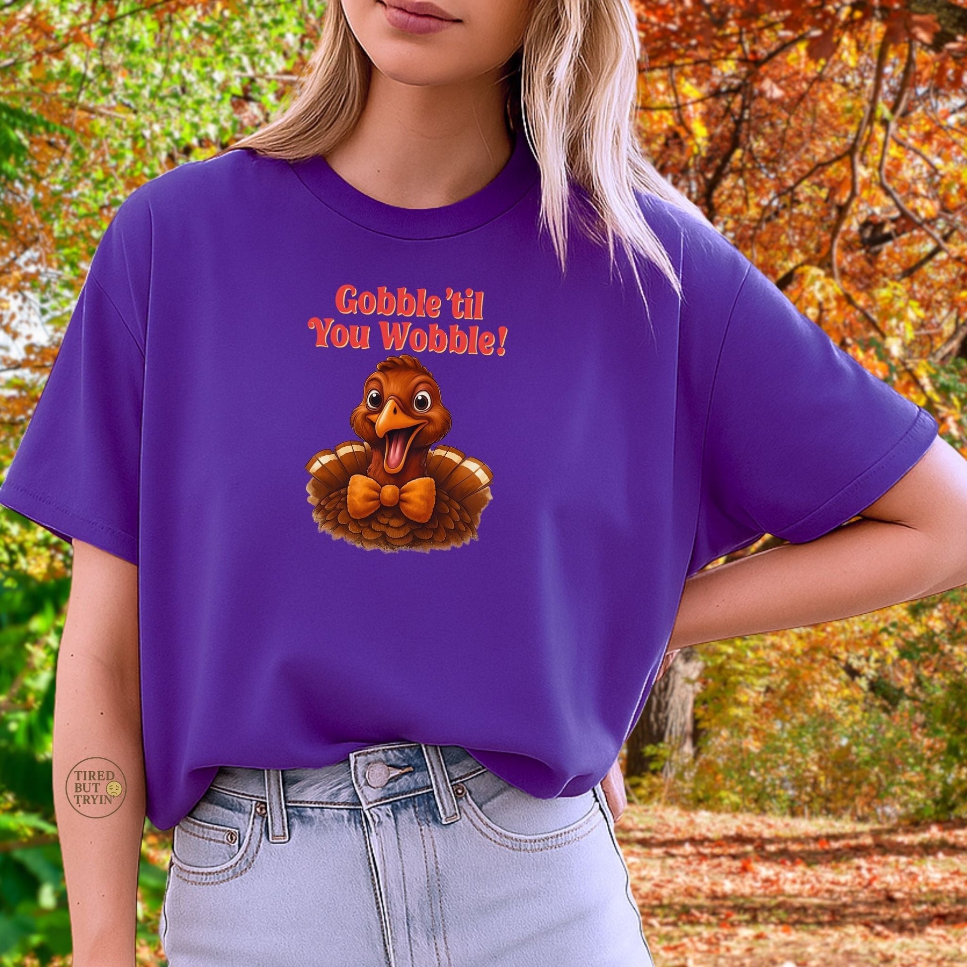 Gobble ’Til You Wobble Shirt – Smiling Bow - Tie Turkey Thanksgiving Tee, Funny Friendsgiving Unisex T-Shirt - Purple