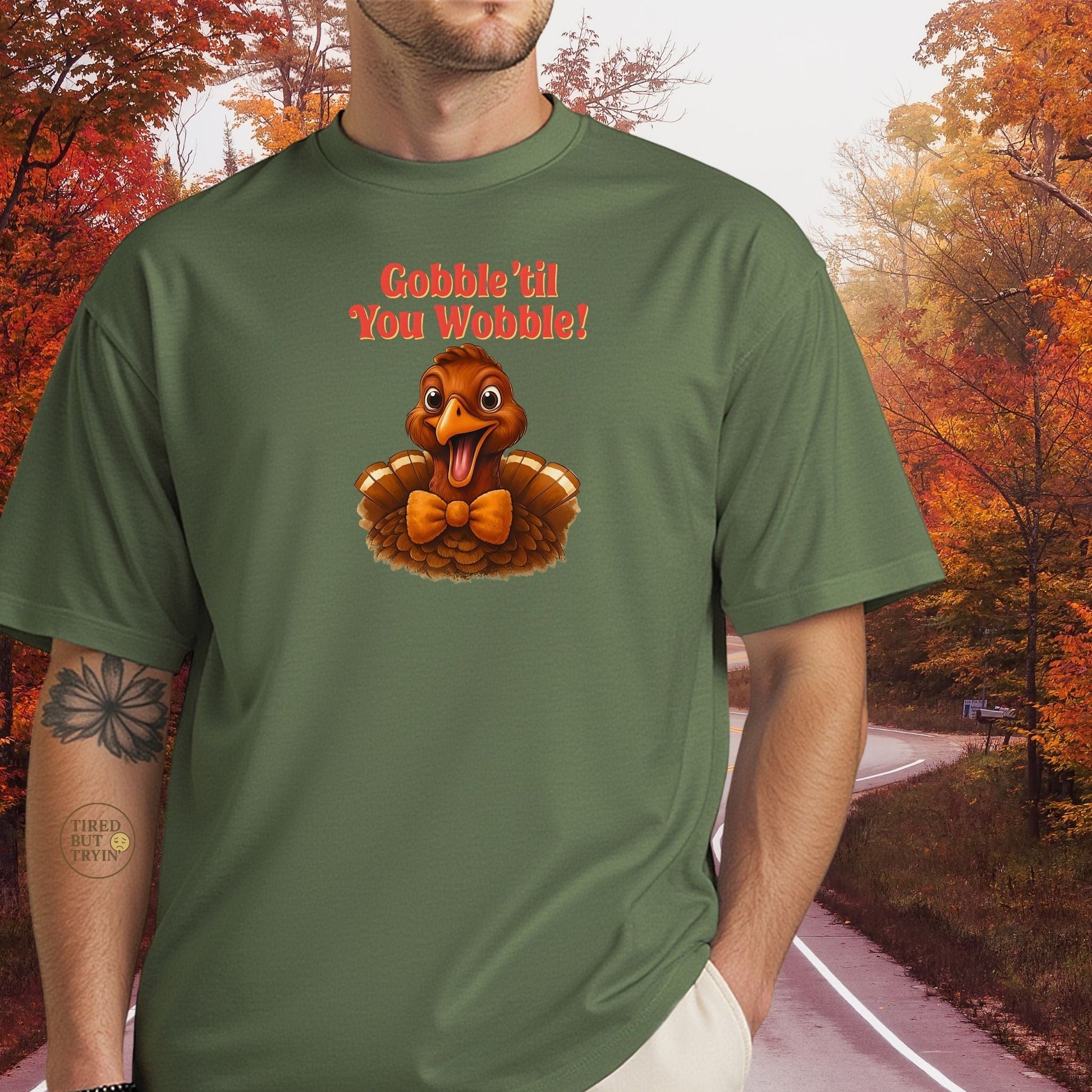 Gobble ’Til You Wobble Shirt – Smiling Bow - Tie Turkey Thanksgiving Tee, Funny Friendsgiving Unisex T-Shirt - Dark Chocolate