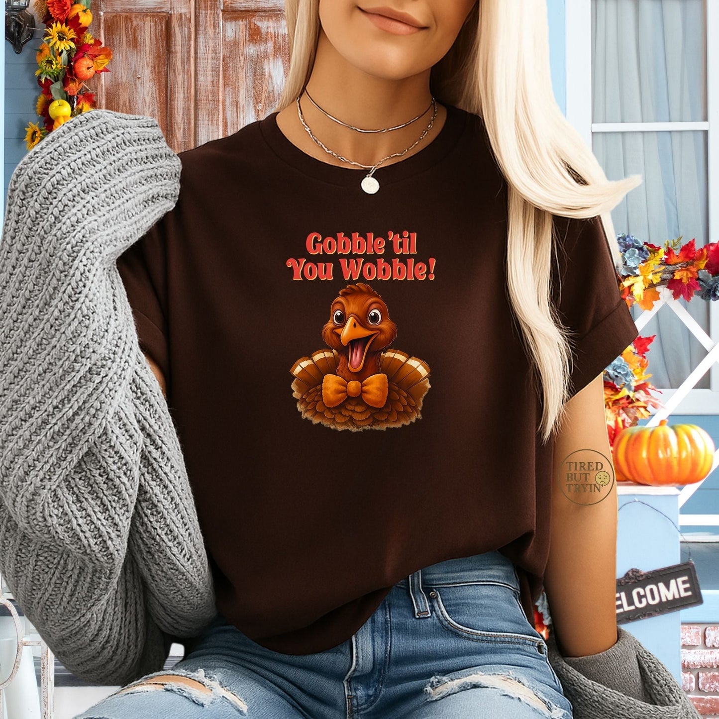 Gobble ’Til You Wobble Shirt – Smiling Bow - Tie Turkey Thanksgiving Tee, Funny Friendsgiving Unisex T-Shirt - Dark Chocolate