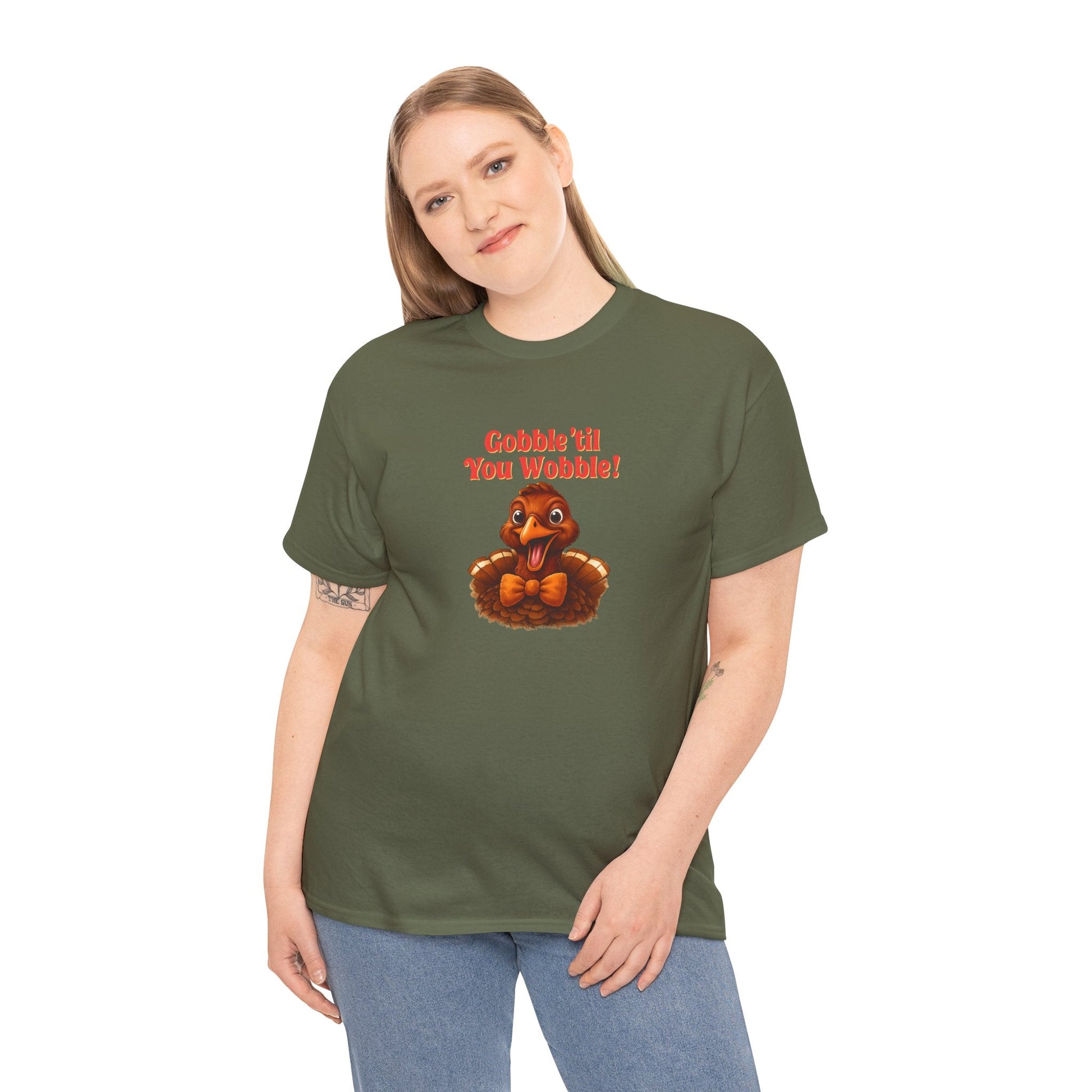 Gobble ’Til You Wobble Shirt – Smiling Bow - Tie Turkey Thanksgiving Tee, Funny Friendsgiving Unisex T-Shirt - Military Green