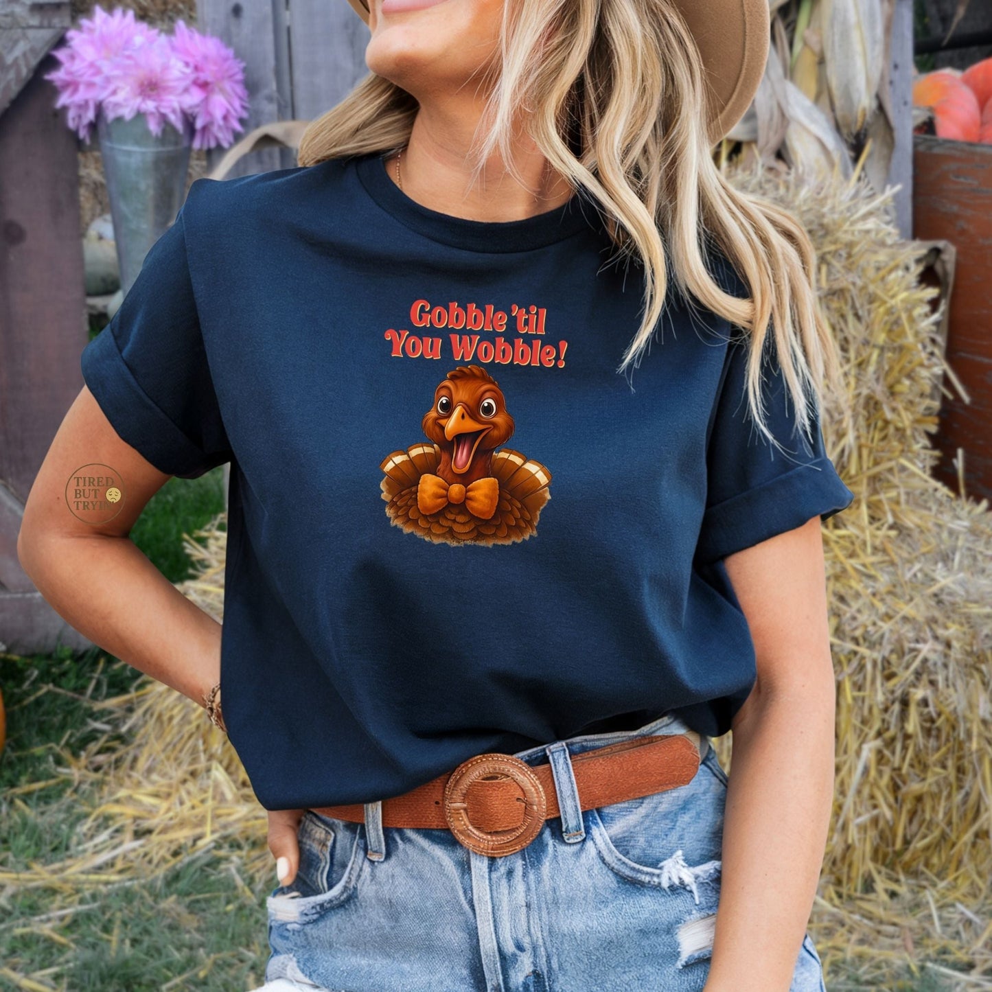 Gobble ’Til You Wobble Shirt – Smiling Bow - Tie Turkey Thanksgiving Tee, Funny Friendsgiving Unisex T-Shirt - Navy