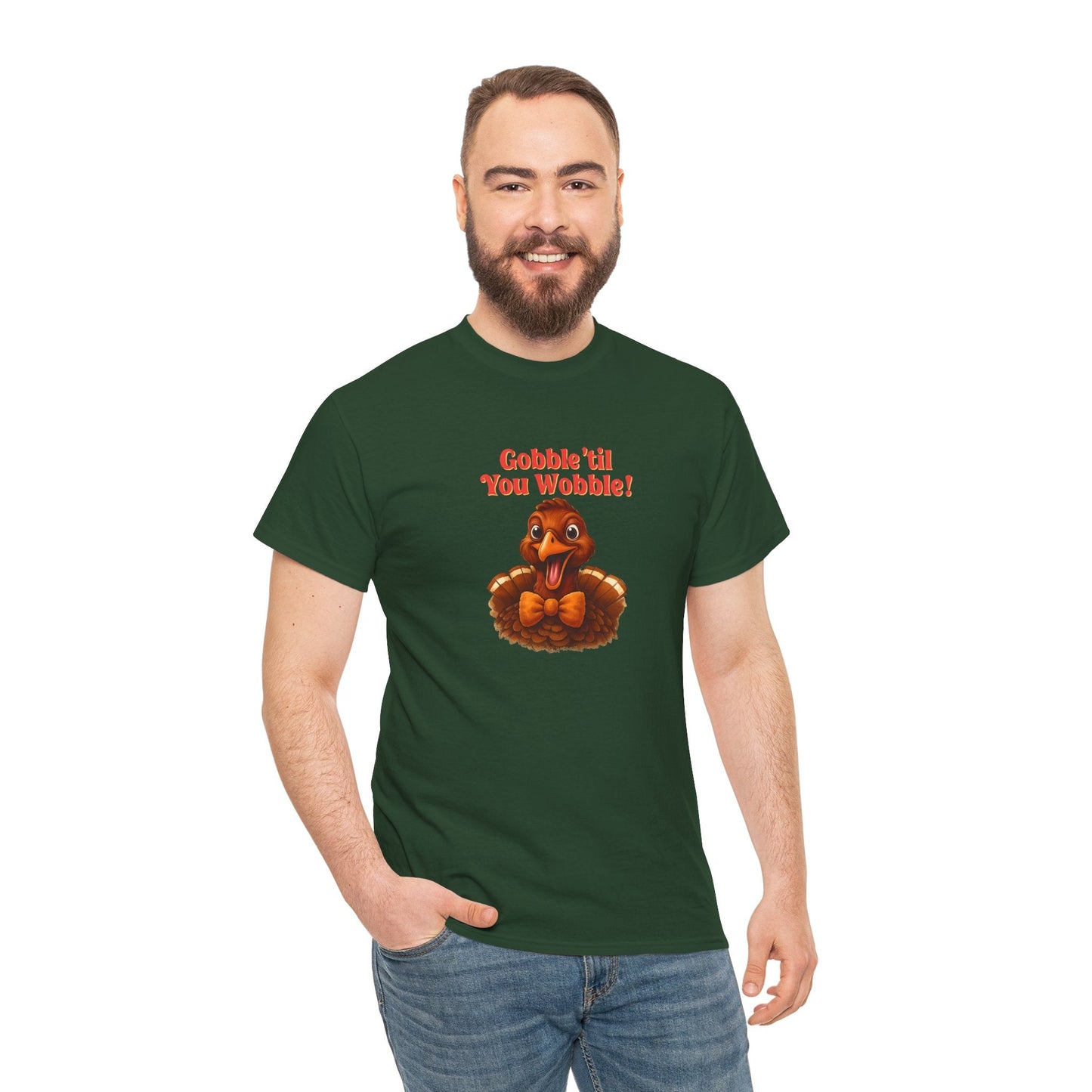 Gobble ’Til You Wobble Shirt – Smiling Bow - Tie Turkey Thanksgiving Tee, Funny Friendsgiving Unisex T-Shirt - Forest Green