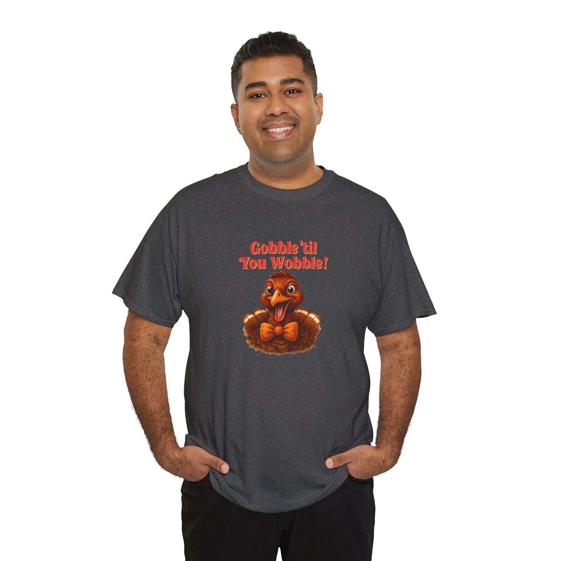 Gobble ’Til You Wobble Shirt – Smiling Bow - Tie Turkey Thanksgiving Tee, Funny Friendsgiving Unisex T-Shirt - Dark Heather