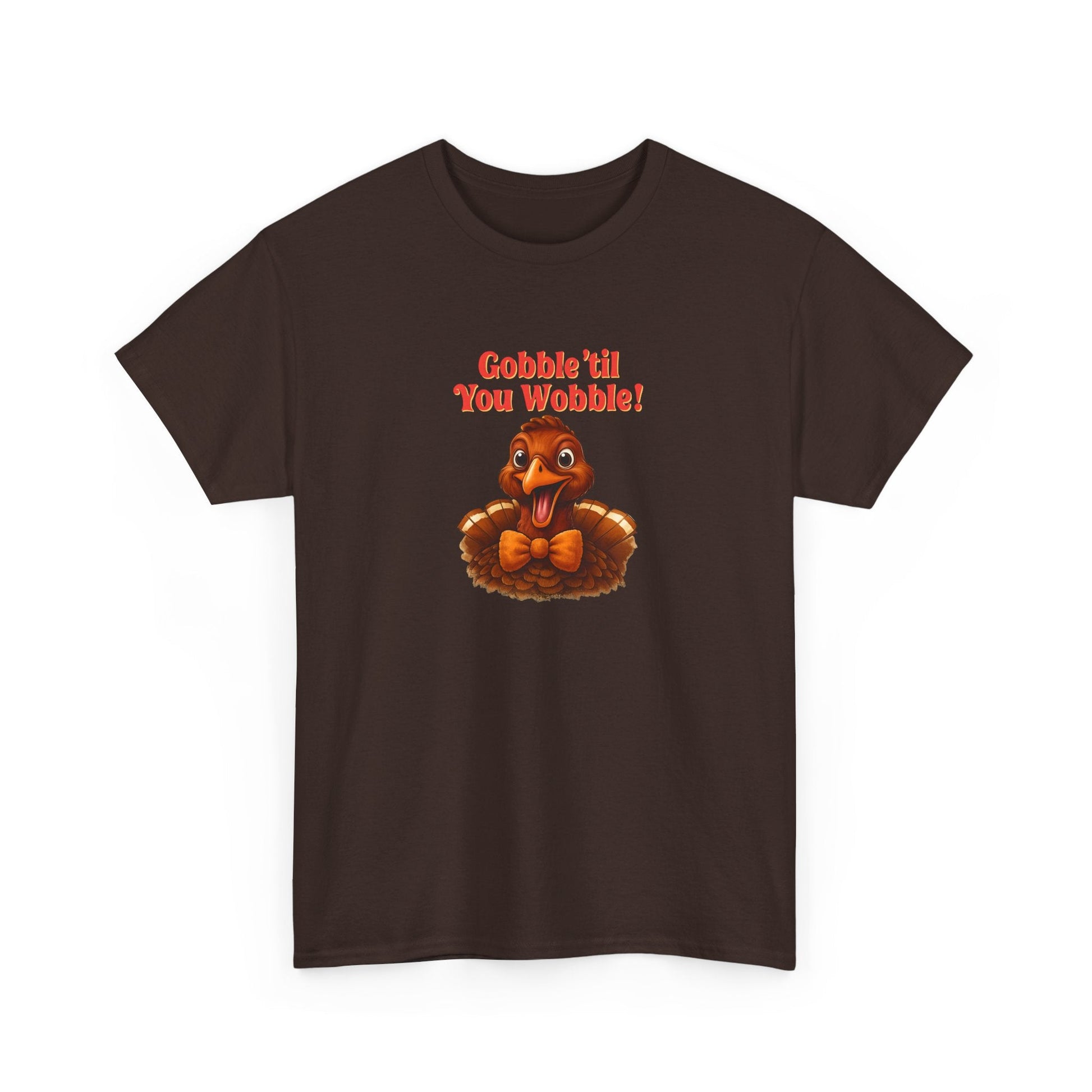 Gobble ’Til You Wobble Shirt – Smiling Bow - Tie Turkey Thanksgiving Tee, Funny Friendsgiving Unisex T-Shirt - Dark Chocolate