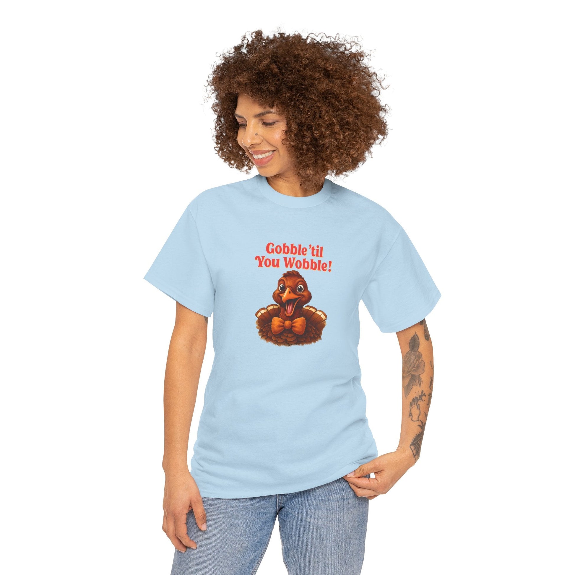 Gobble ’Til You Wobble Shirt – Smiling Bow - Tie Turkey Thanksgiving Tee, Funny Friendsgiving Unisex T-Shirt - Light Blue