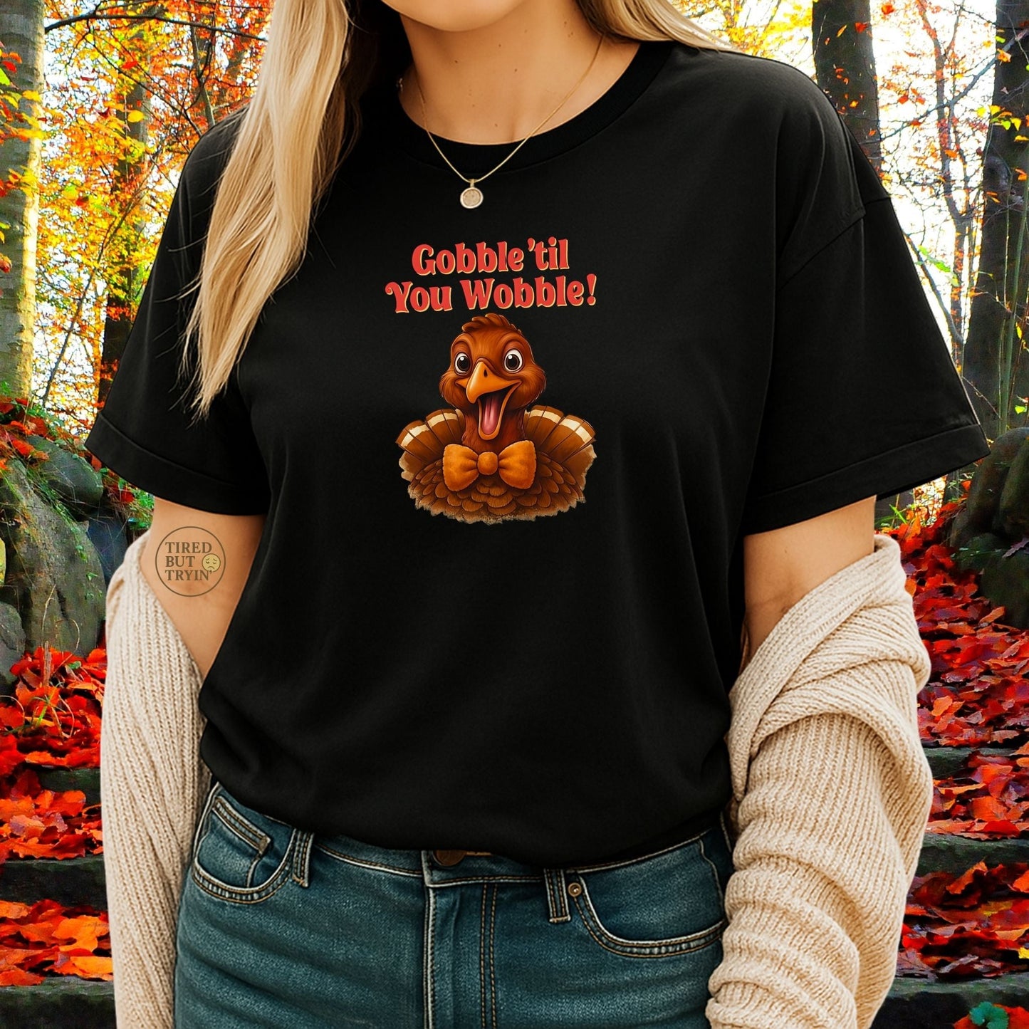 Gobble ’Til You Wobble Shirt – Smiling Bow - Tie Turkey Thanksgiving Tee, Funny Friendsgiving Unisex T-Shirt - Black