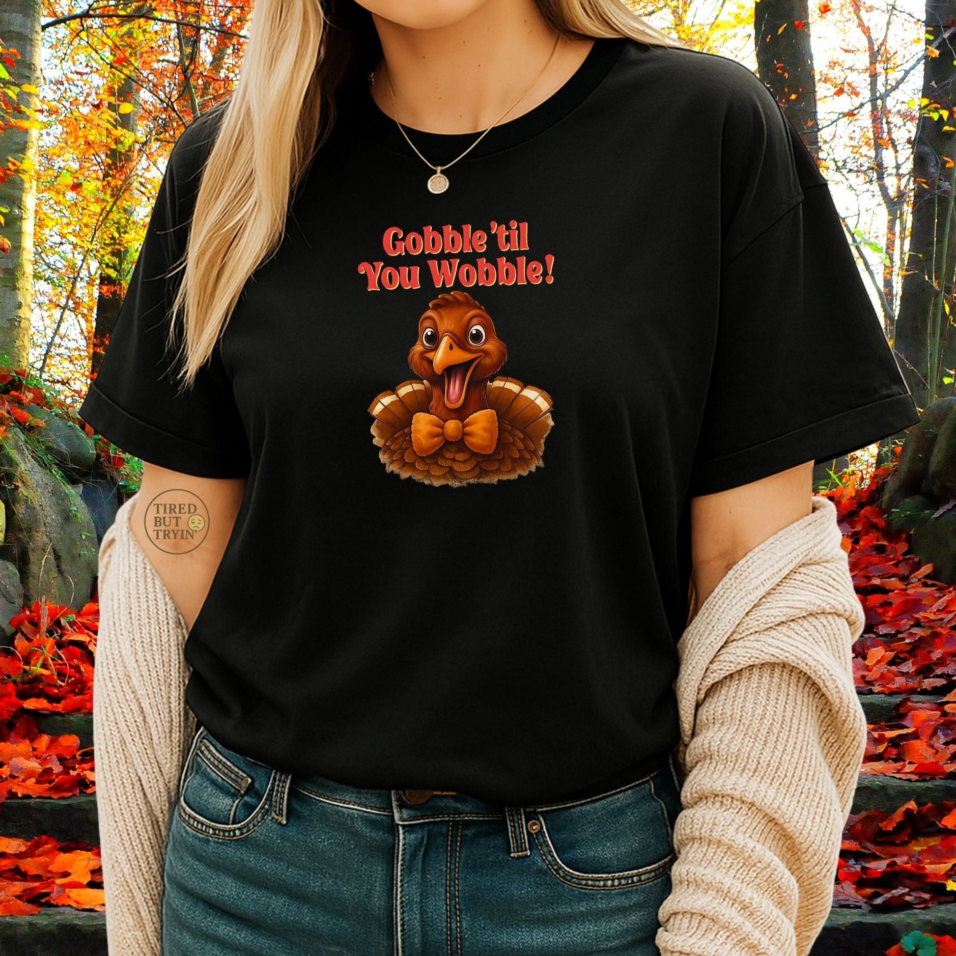 Gobble ’Til You Wobble Shirt – Smiling Bow - Tie Turkey Thanksgiving Tee, Funny Friendsgiving Unisex T-Shirt - Black