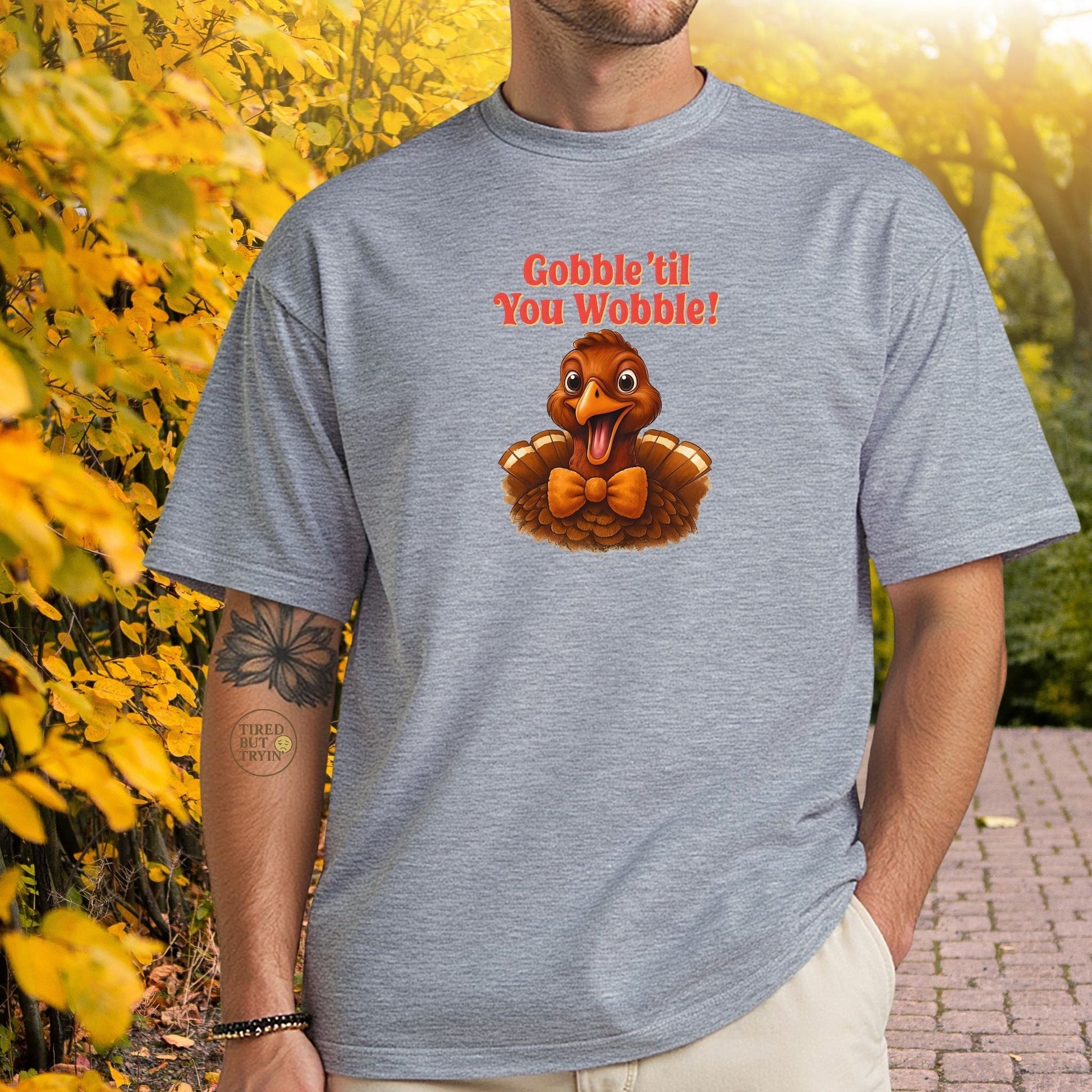Gobble ’Til You Wobble Shirt – Smiling Bow - Tie Turkey Thanksgiving Tee, Funny Friendsgiving Unisex T-Shirt - Sand