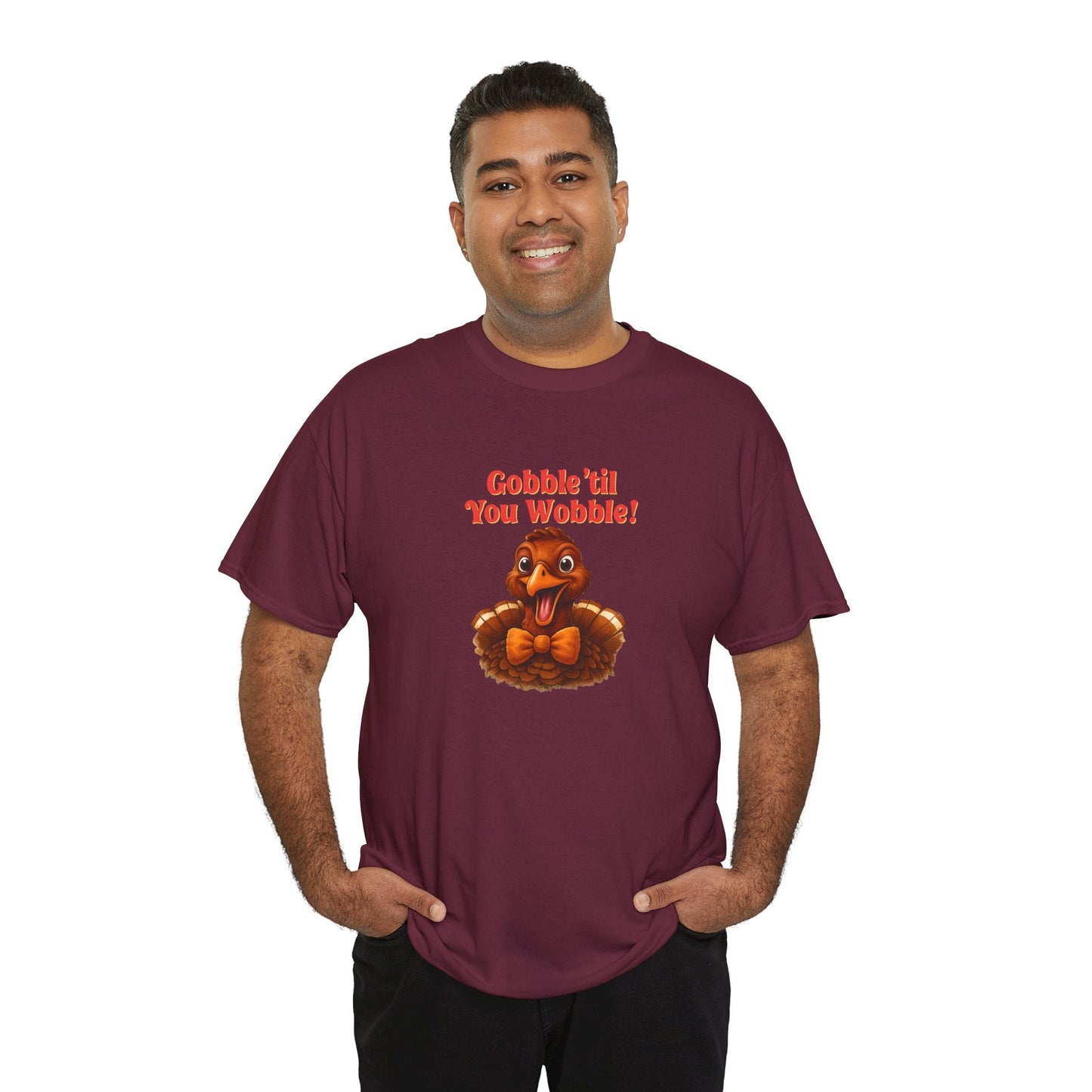 Gobble ’Til You Wobble Shirt – Smiling Bow - Tie Turkey Thanksgiving Tee, Funny Friendsgiving Unisex T-Shirt - Maroon