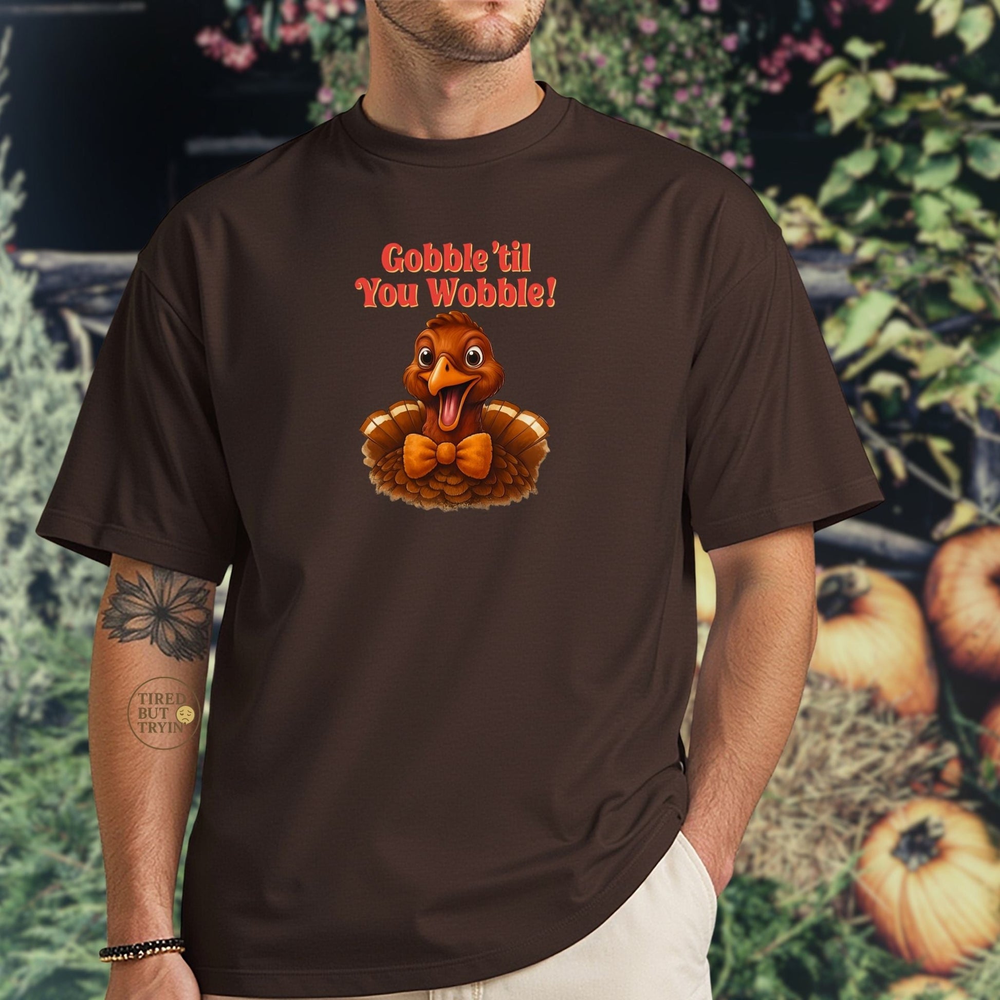 Gobble ’Til You Wobble Shirt – Smiling Bow - Tie Turkey Thanksgiving Tee, Funny Friendsgiving Unisex T-Shirt - Dark Chocolate