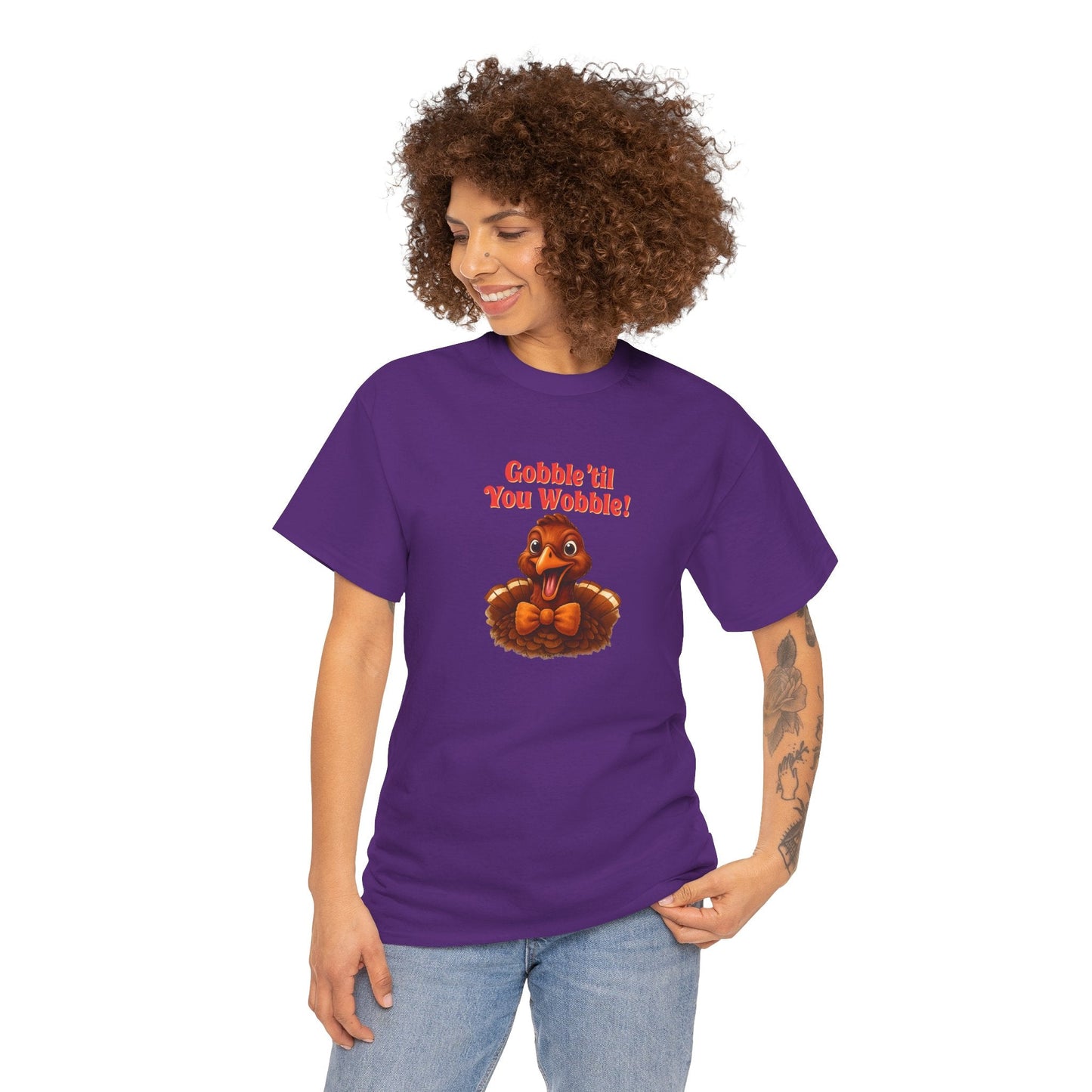 Gobble ’Til You Wobble Shirt – Smiling Bow - Tie Turkey Thanksgiving Tee, Funny Friendsgiving Unisex T-Shirt - Purple