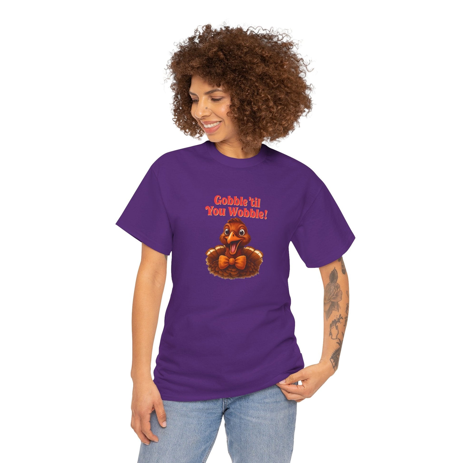 Gobble ’Til You Wobble Shirt – Smiling Bow - Tie Turkey Thanksgiving Tee, Funny Friendsgiving Unisex T-Shirt - Purple