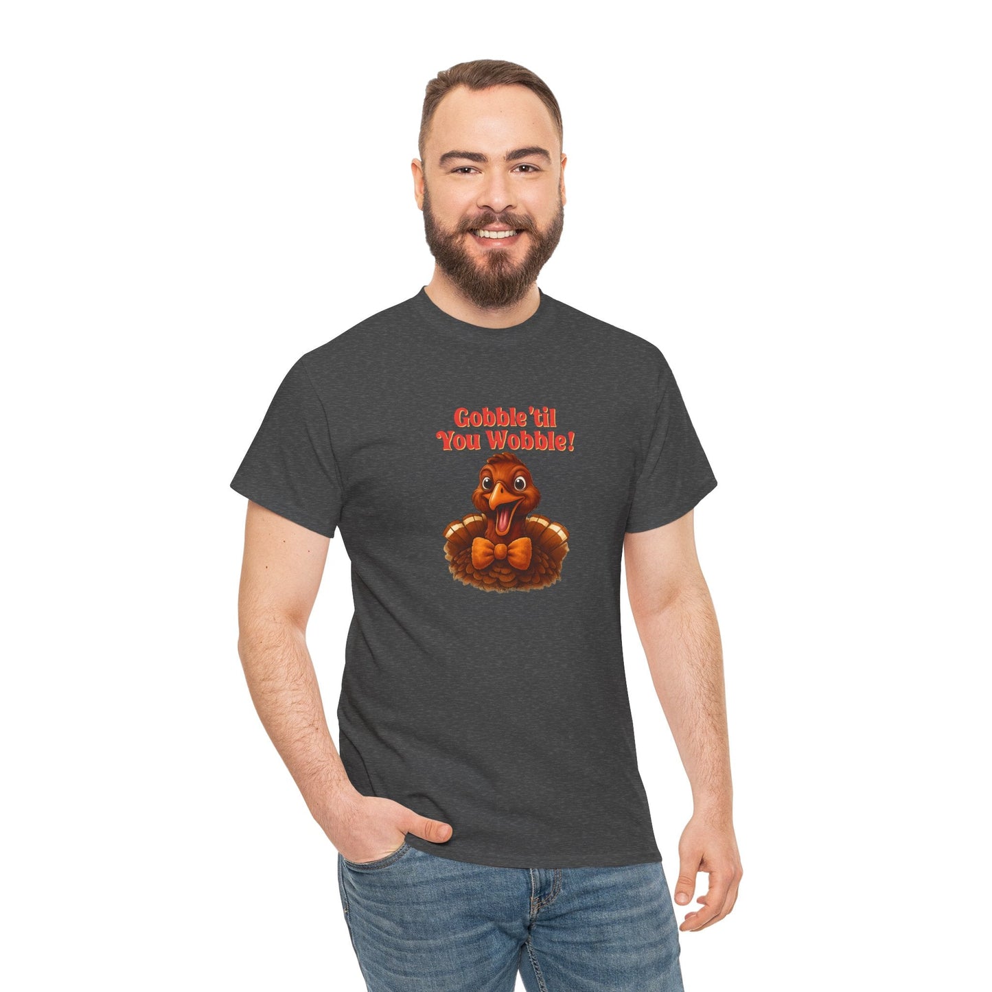 Gobble ’Til You Wobble Shirt – Smiling Bow - Tie Turkey Thanksgiving Tee, Funny Friendsgiving Unisex T-Shirt - Dark Heather