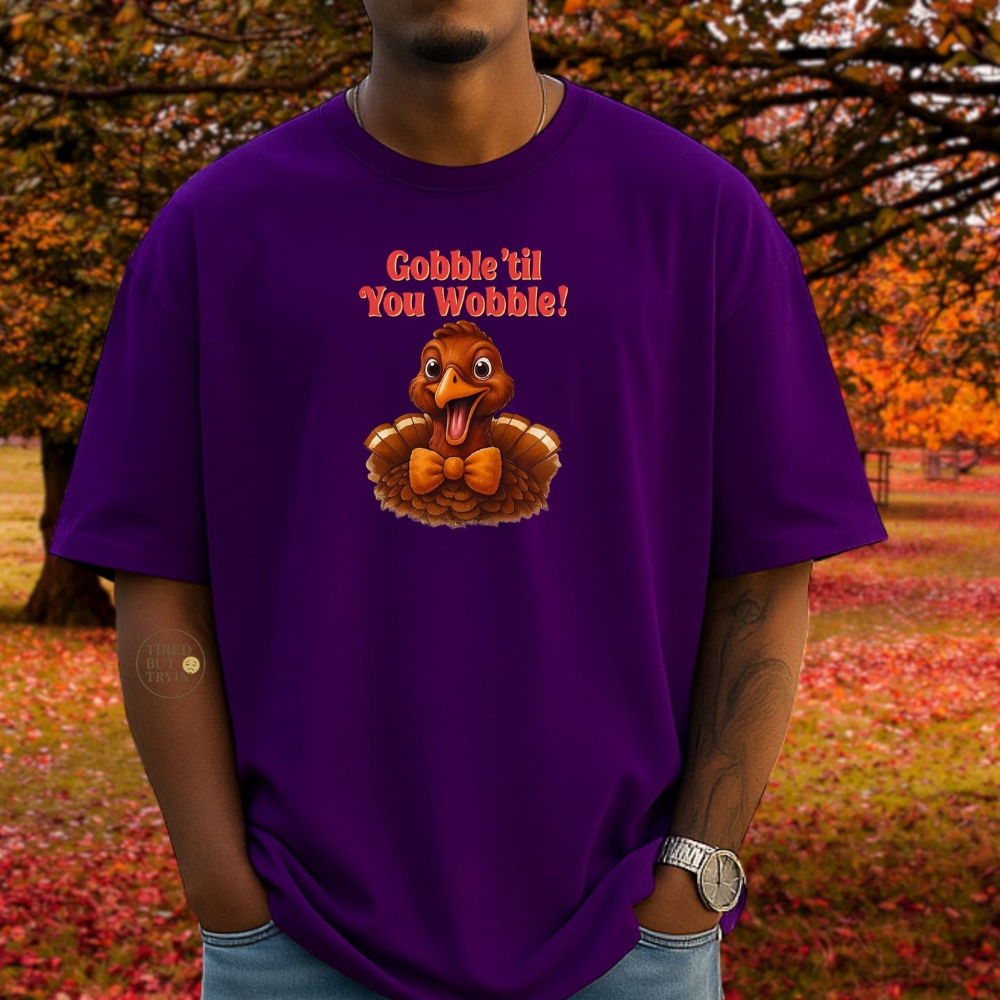Gobble ’Til You Wobble Shirt – Smiling Bow - Tie Turkey Thanksgiving Tee, Funny Friendsgiving Unisex T-Shirt - Purple