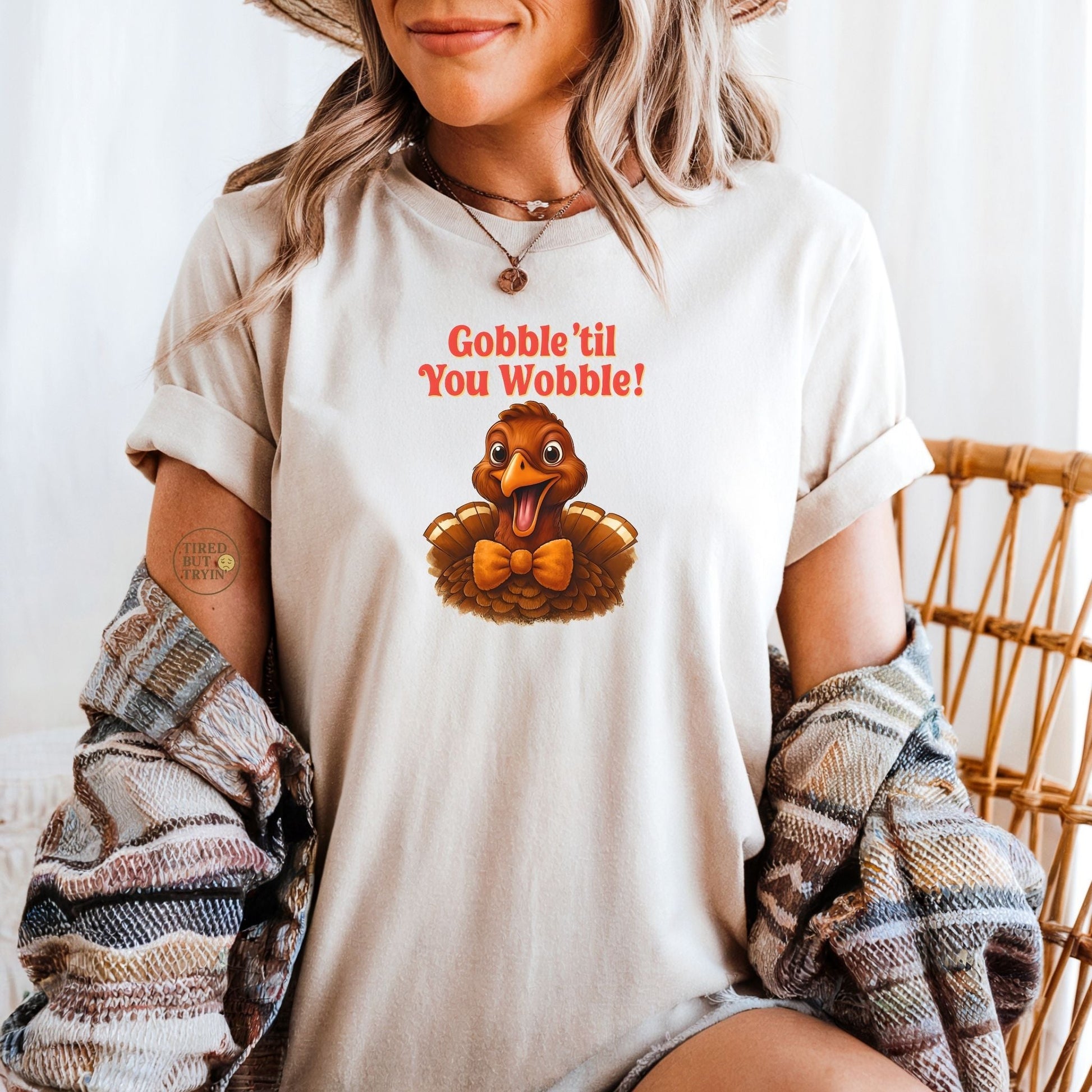 Gobble ’Til You Wobble Shirt – Smiling Bow - Tie Turkey Thanksgiving Tee, Funny Friendsgiving Unisex T-Shirt - Sand