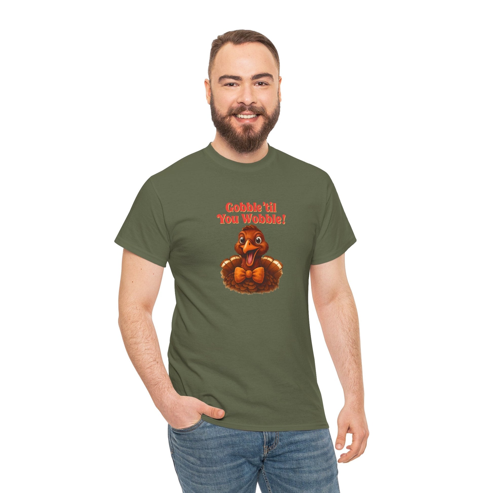 Gobble ’Til You Wobble Shirt – Smiling Bow - Tie Turkey Thanksgiving Tee, Funny Friendsgiving Unisex T-Shirt - Military Green