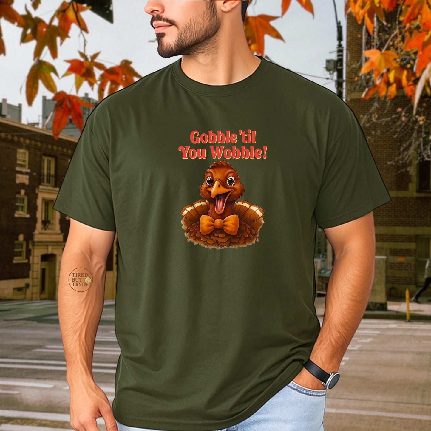 Gobble ’Til You Wobble Shirt – Smiling Bow - Tie Turkey Thanksgiving Tee, Funny Friendsgiving Unisex T-Shirt - Forest Green
