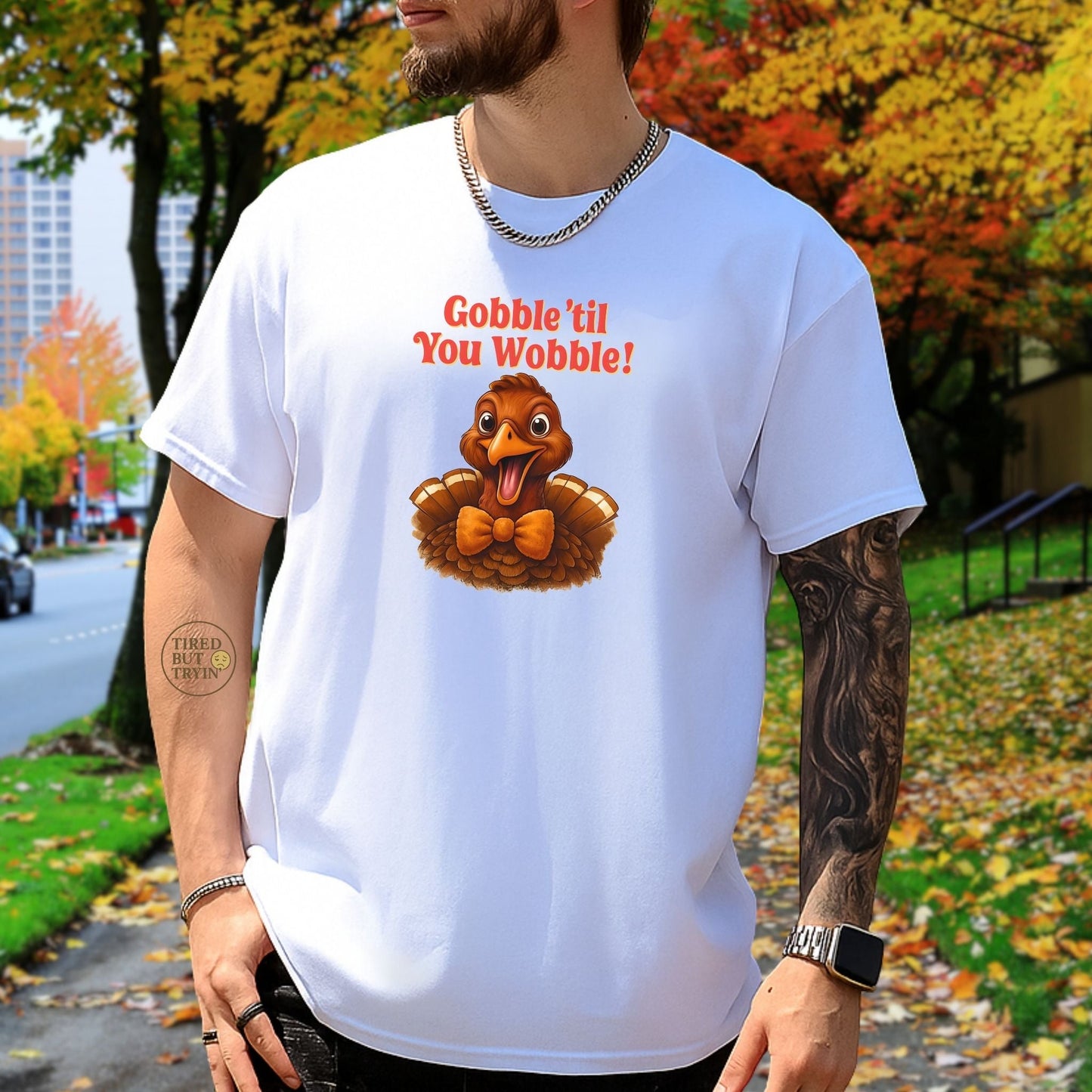 Gobble ’Til You Wobble Shirt – Smiling Bow - Tie Turkey Thanksgiving Tee, Funny Friendsgiving Unisex T-Shirt - White