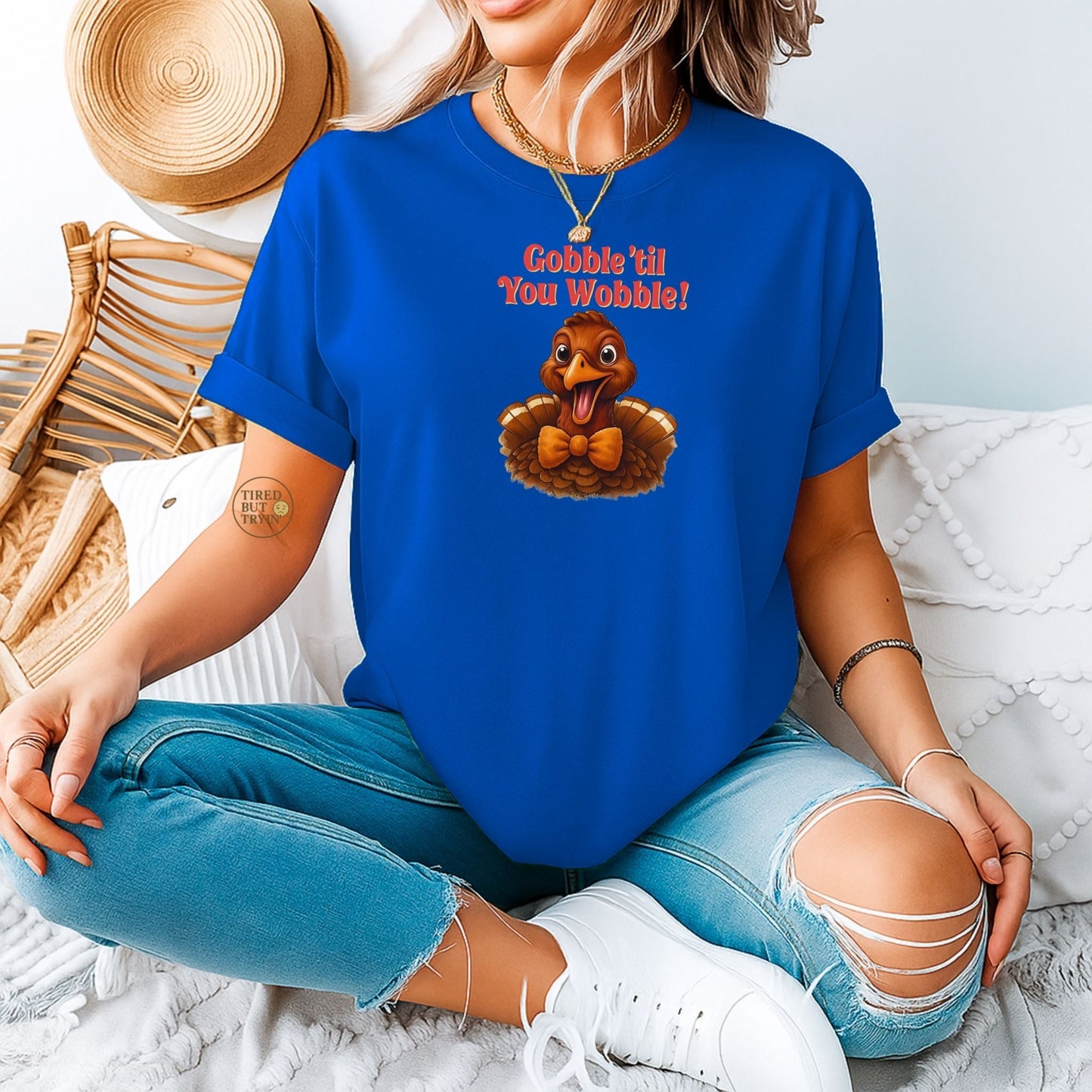 Gobble ’Til You Wobble Shirt – Smiling Bow - Tie Turkey Thanksgiving Tee, Funny Friendsgiving Unisex T-Shirt - Royal