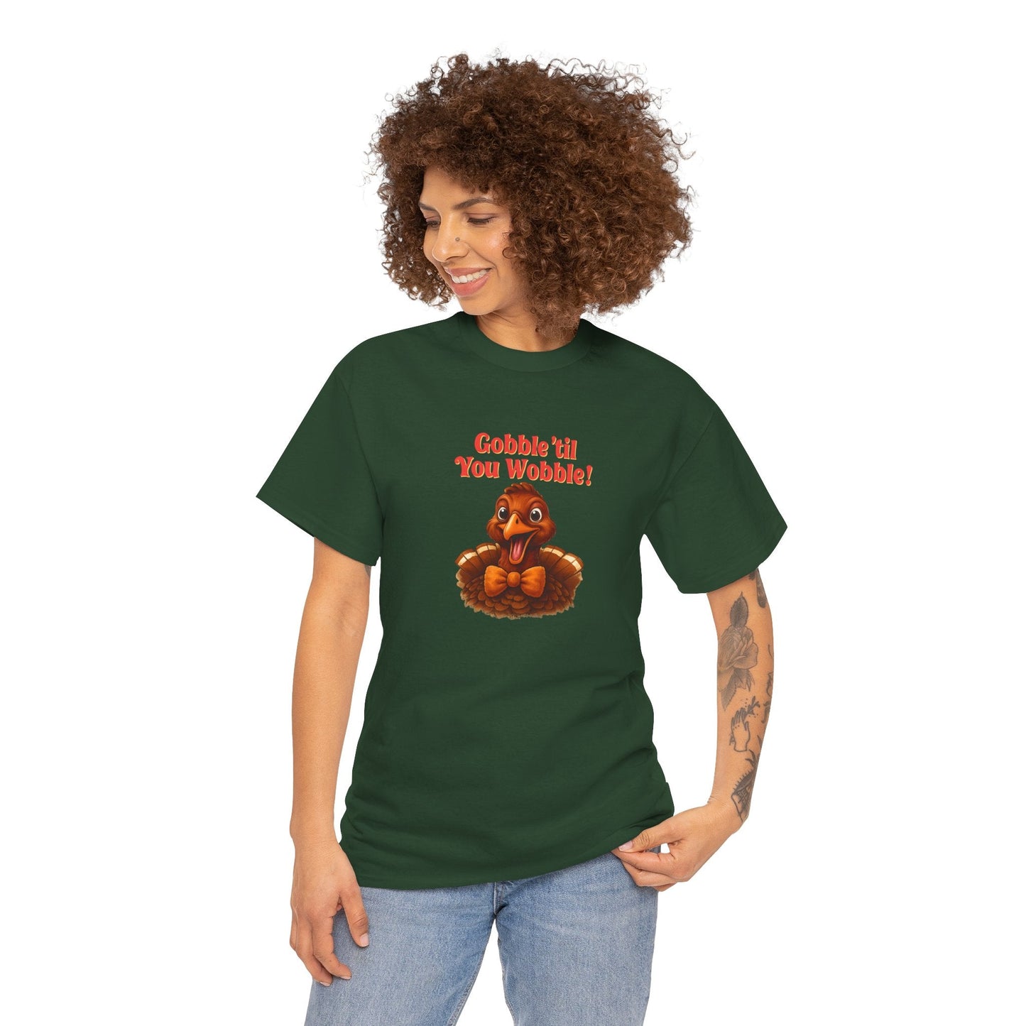 Gobble ’Til You Wobble Shirt – Smiling Bow - Tie Turkey Thanksgiving Tee, Funny Friendsgiving Unisex T-Shirt - Forest Green