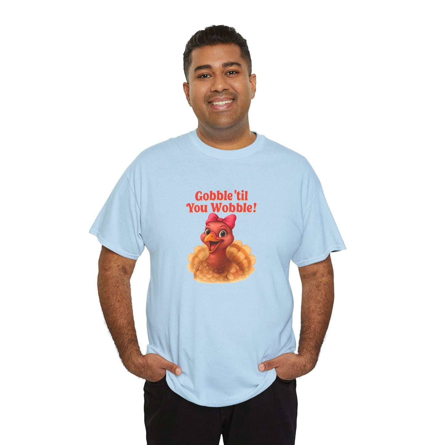 Gobble ’Til You Wobble Turkey Shirt – Funny Thanksgiving Tee, Smiling Female Turkey with Coquette Bow, Friendsgiving Graphic Top - Light Blue