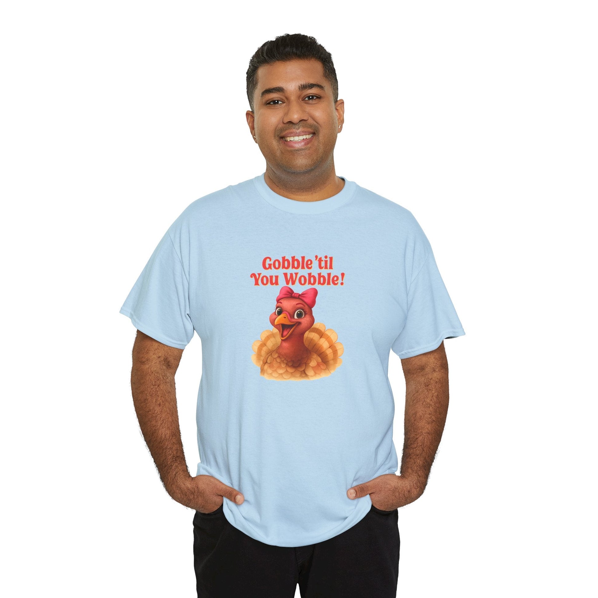 Gobble ’Til You Wobble Turkey Shirt – Funny Thanksgiving Tee, Smiling Female Turkey with Coquette Bow, Friendsgiving Graphic Top - Light Blue