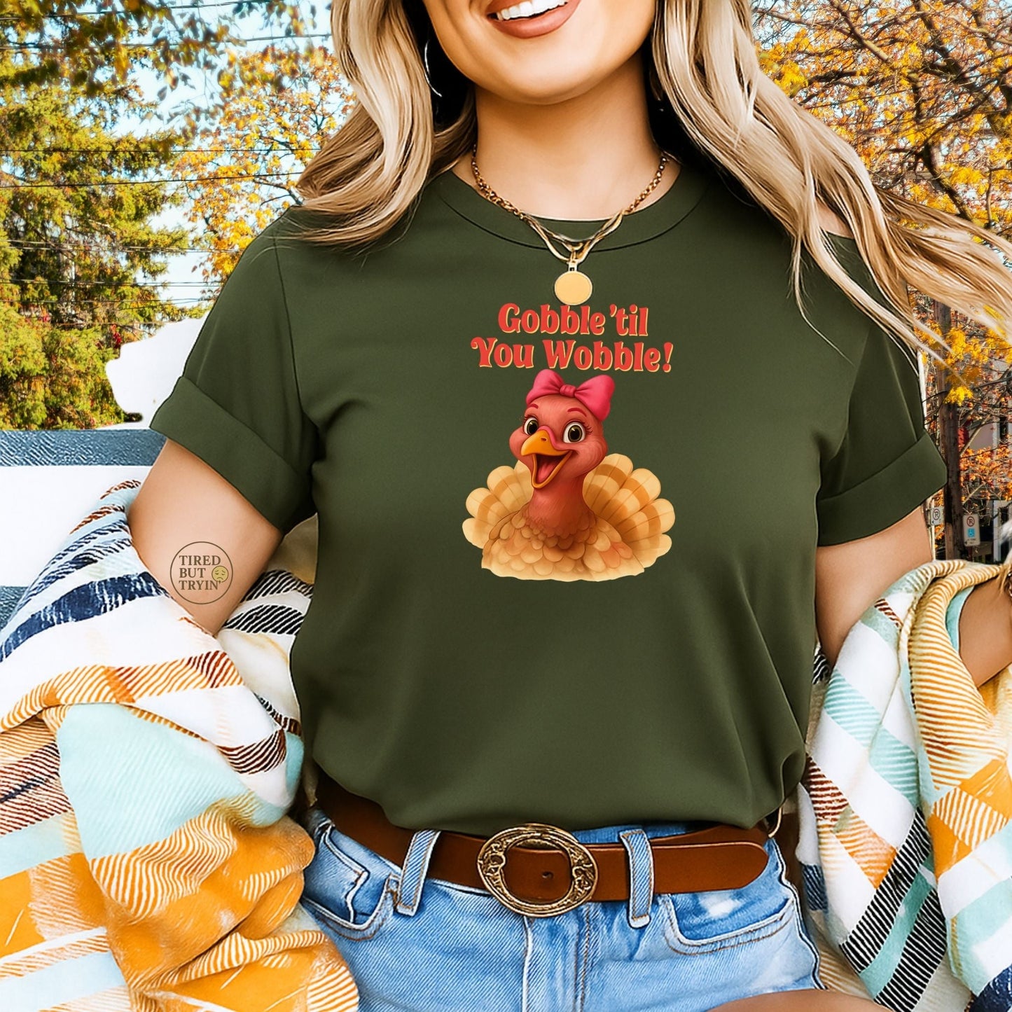 Gobble ’Til You Wobble Turkey Shirt – Funny Thanksgiving Tee, Smiling Female Turkey with Coquette Bow, Friendsgiving Graphic Top - Forest Green