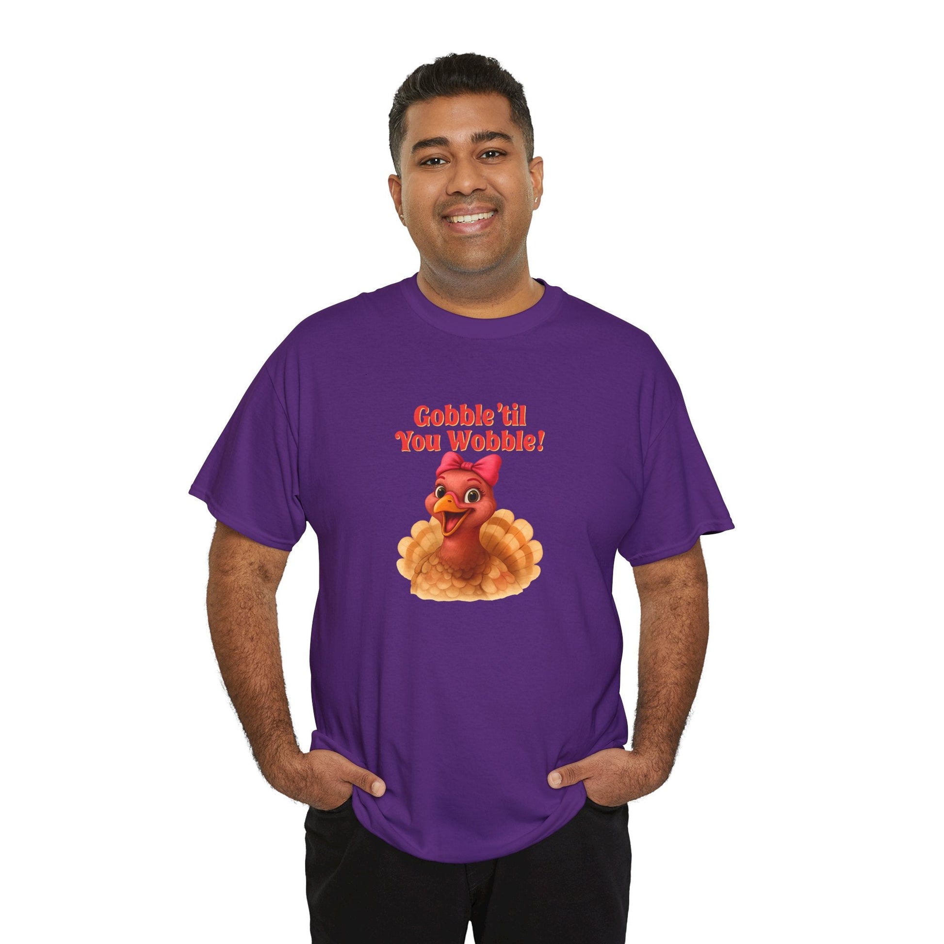 Gobble ’Til You Wobble Turkey Shirt – Funny Thanksgiving Tee, Smiling Female Turkey with Coquette Bow, Friendsgiving Graphic Top - Purple