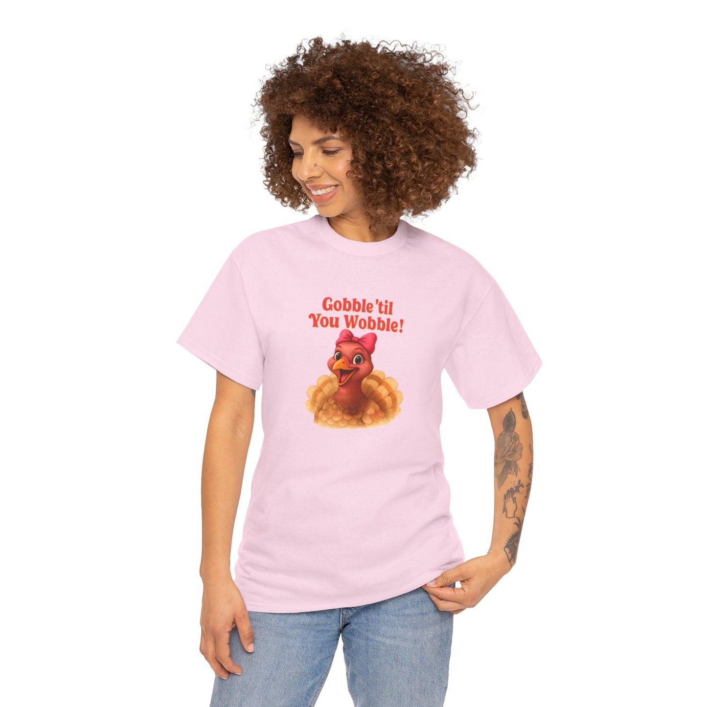 Gobble ’Til You Wobble Turkey Shirt – Funny Thanksgiving Tee, Smiling Female Turkey with Coquette Bow, Friendsgiving Graphic Top - Light Pink