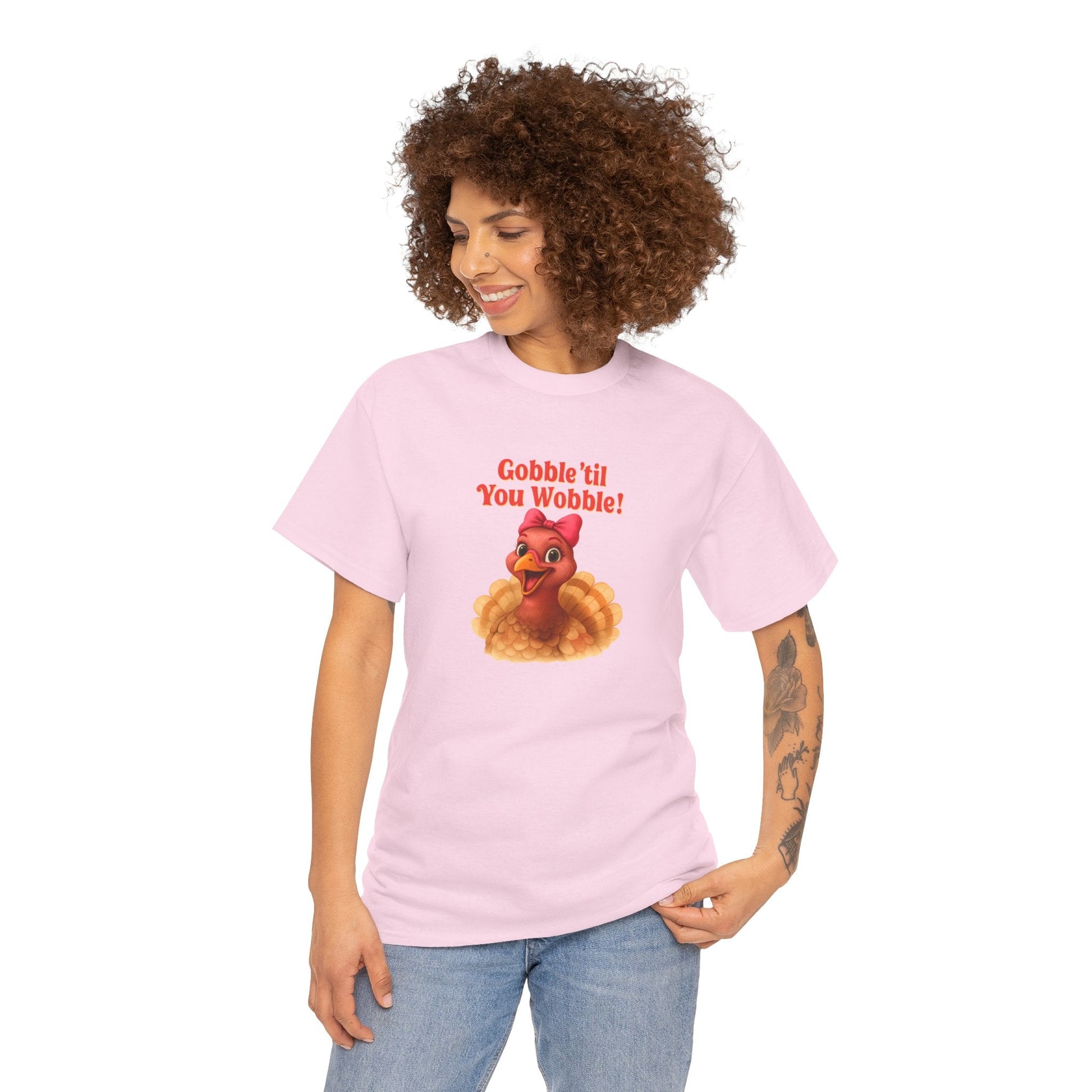 Gobble ’Til You Wobble Turkey Shirt – Funny Thanksgiving Tee, Smiling Female Turkey with Coquette Bow, Friendsgiving Graphic Top - Light Pink