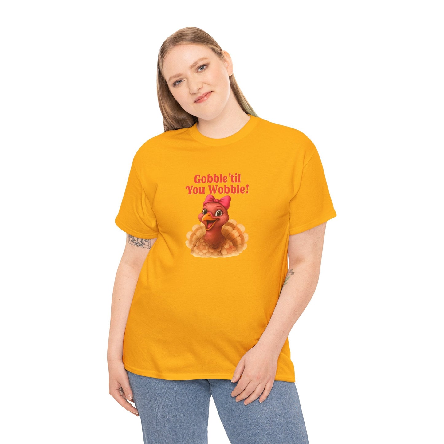Gobble ’Til You Wobble Turkey Shirt – Funny Thanksgiving Tee, Smiling Female Turkey with Coquette Bow, Friendsgiving Graphic Top - Gold