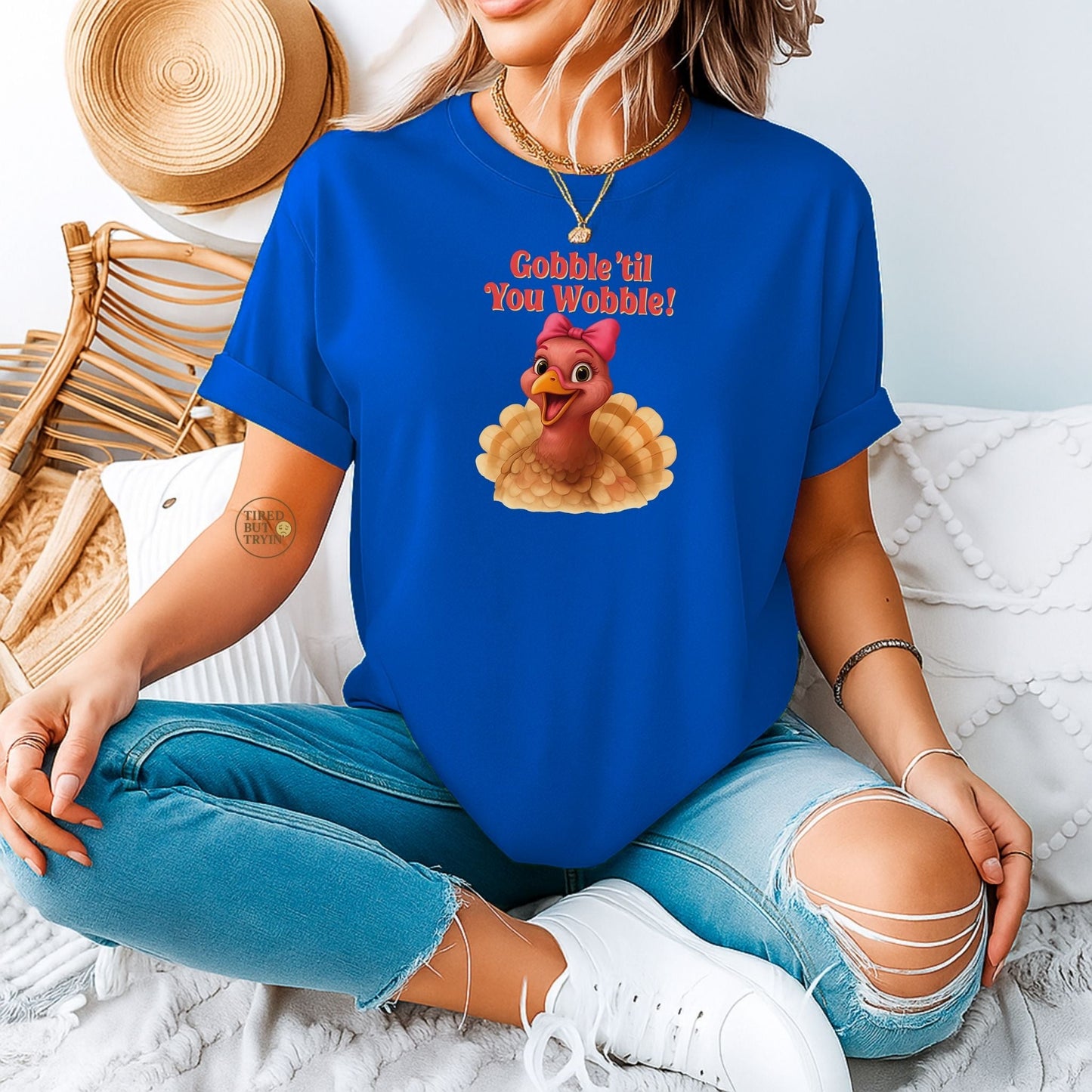 Gobble ’Til You Wobble Turkey Shirt – Funny Thanksgiving Tee, Smiling Female Turkey with Coquette Bow, Friendsgiving Graphic Top - Royal