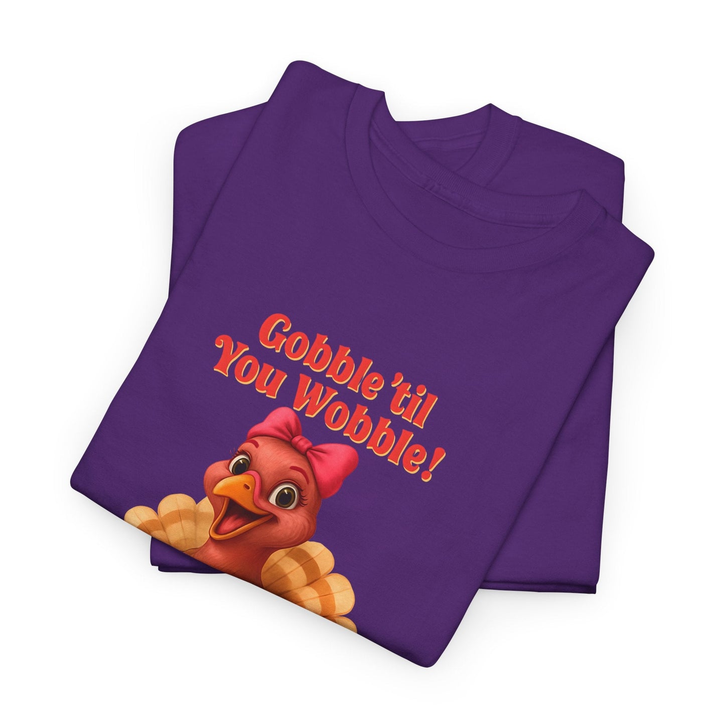 Gobble ’Til You Wobble Turkey Shirt – Funny Thanksgiving Tee, Smiling Female Turkey with Coquette Bow, Friendsgiving Graphic Top - Purple