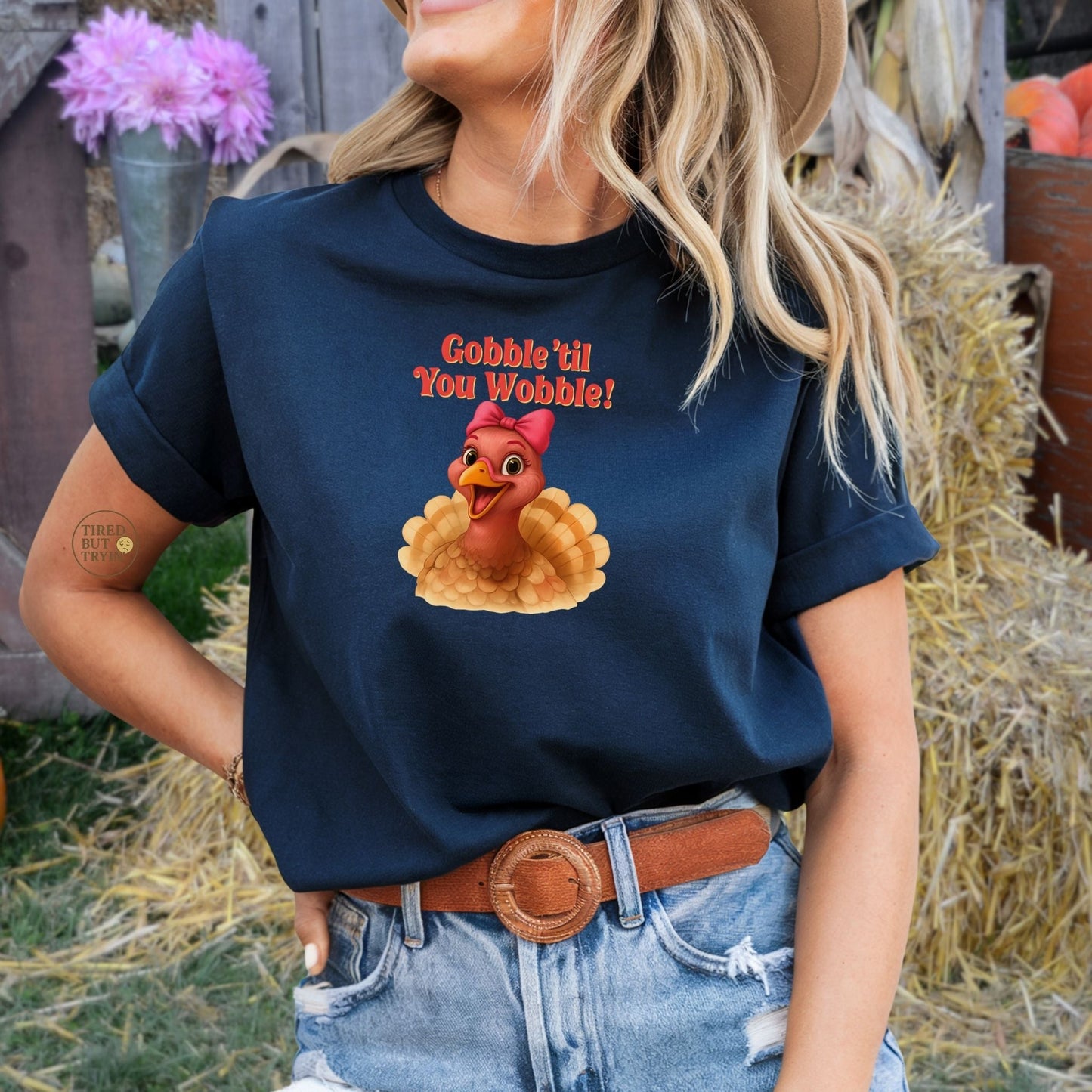 Gobble ’Til You Wobble Turkey Shirt – Funny Thanksgiving Tee, Smiling Female Turkey with Coquette Bow, Friendsgiving Graphic Top - Navy