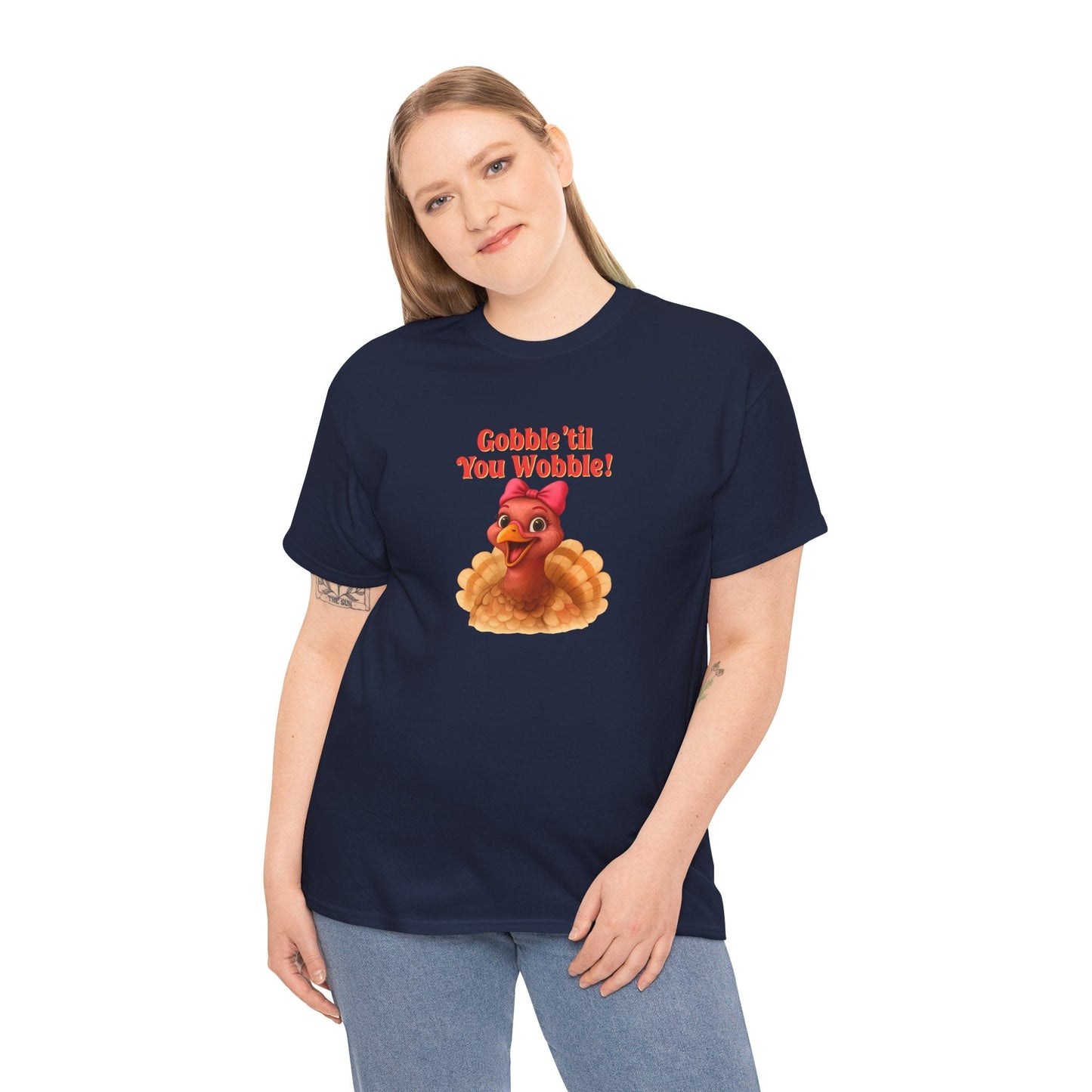 Gobble ’Til You Wobble Turkey Shirt – Funny Thanksgiving Tee, Smiling Female Turkey with Coquette Bow, Friendsgiving Graphic Top - Navy