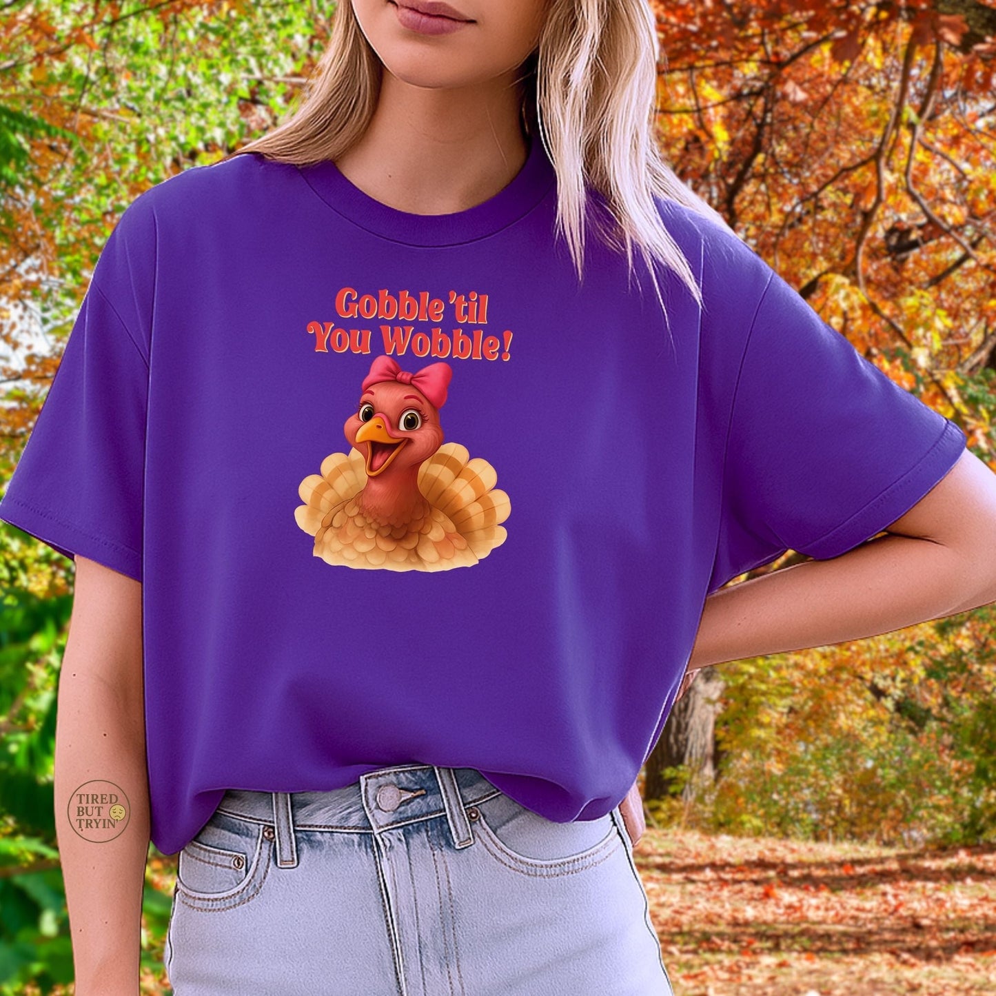 Gobble ’Til You Wobble Turkey Shirt – Funny Thanksgiving Tee, Smiling Female Turkey with Coquette Bow, Friendsgiving Graphic Top - Purple